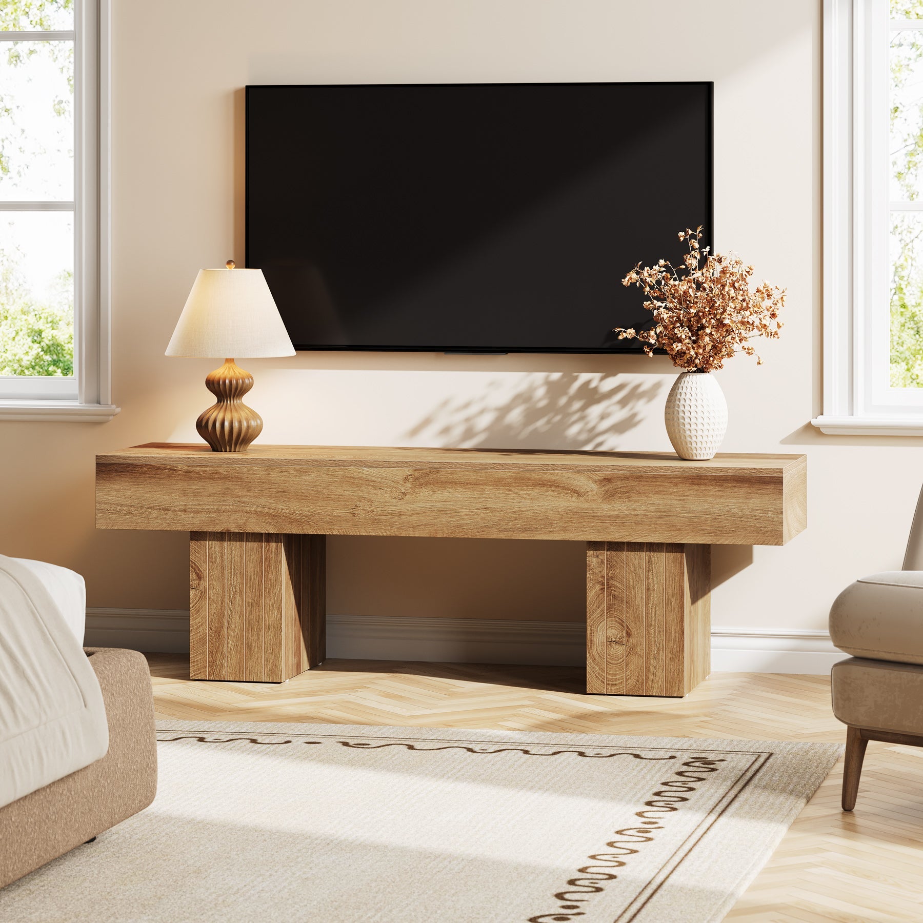 55.1“ TV Stand for 55-Inch TVs with 300 lb Capacity, Farmhouse Media Console for Living Room