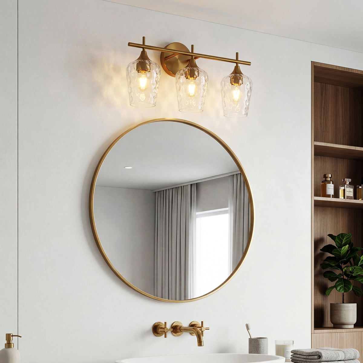 3-Light Gold Bathroom Vanity Light, Textured Glass Wall Sconce