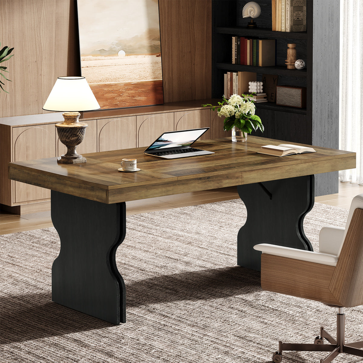 160cm Executive Desk, Farmhouse Wooden Home Office Desk with Hourglass Legs
