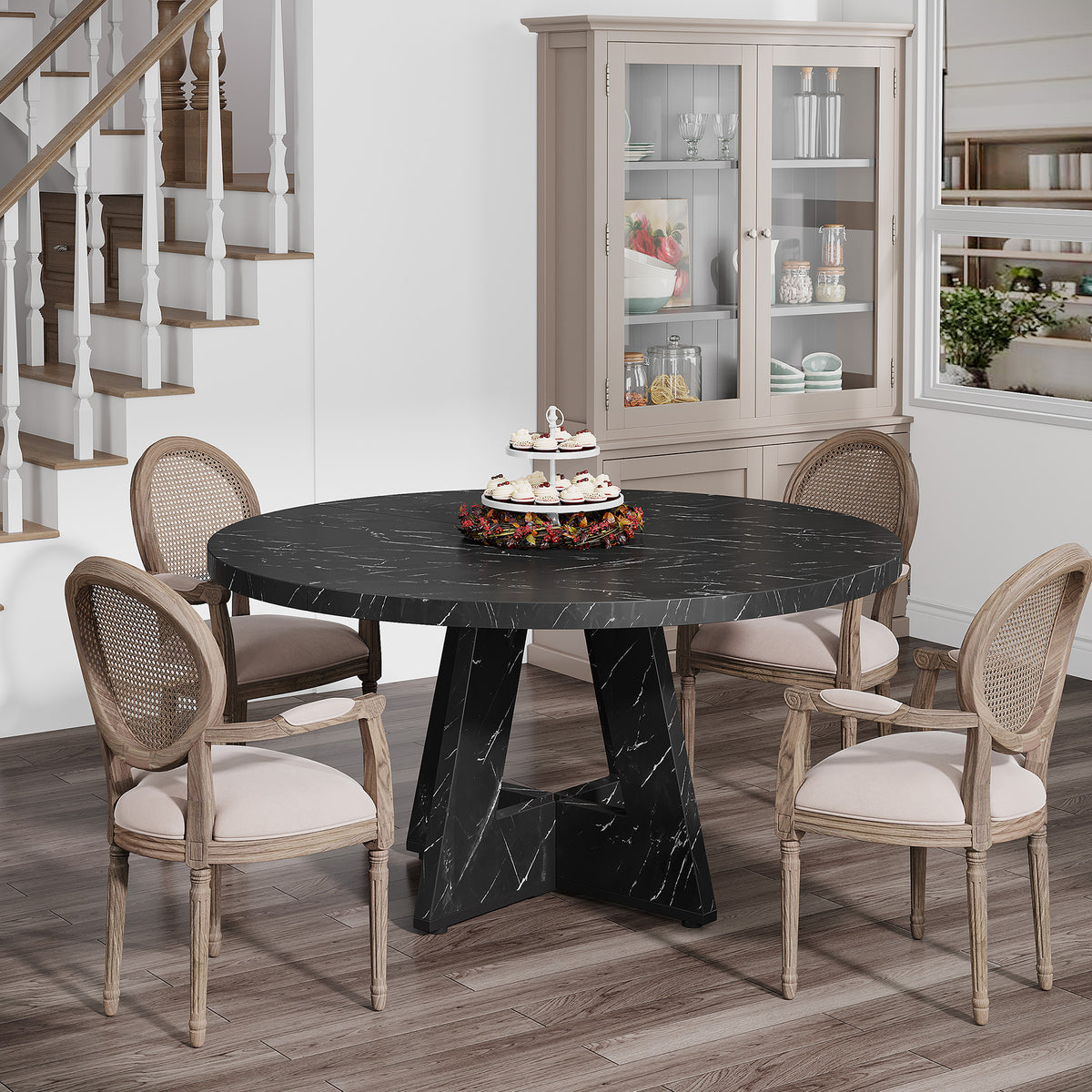 120 cm Round Dining Table, Farmhouse Wood Kitchen Table for 4-6 with Cross Base