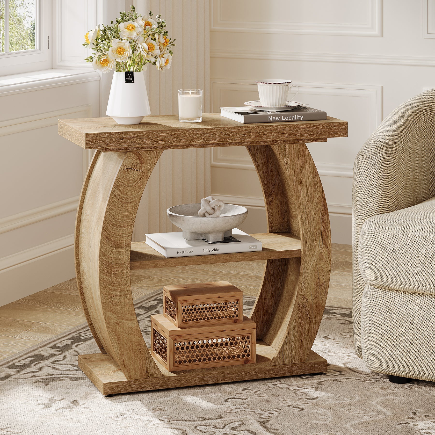 Narrow End Table, 2-Tier Farmhouse Side Table with Curved Frame
