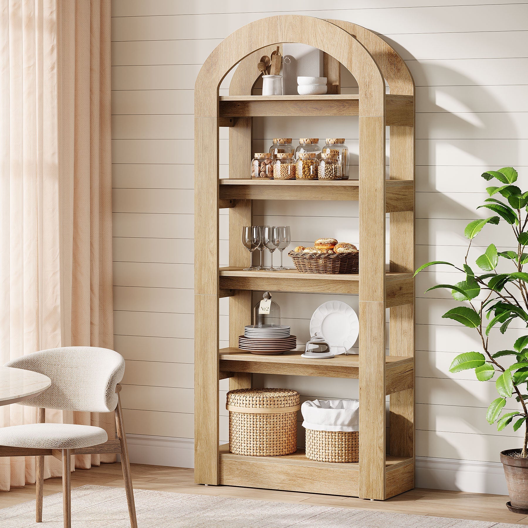 5-Tier Arched Bookshelf, Tall Bookcase Display Shelf