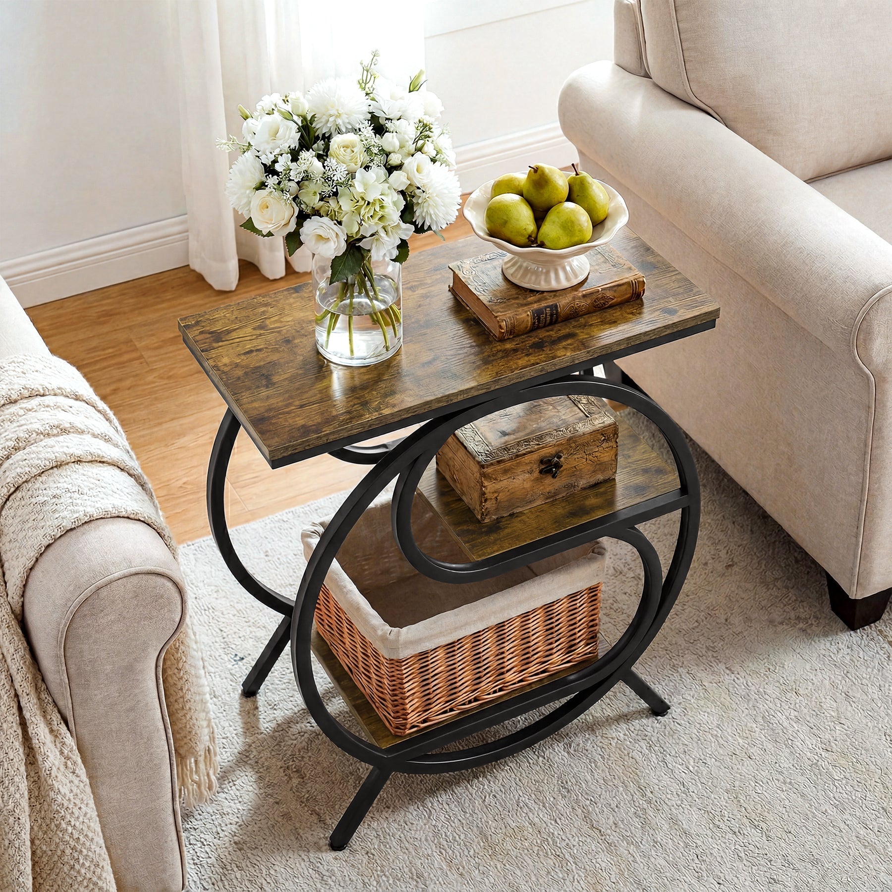 60cm Industrial 3-Tier End Table, Rustic Brown Rectangle Side Table
