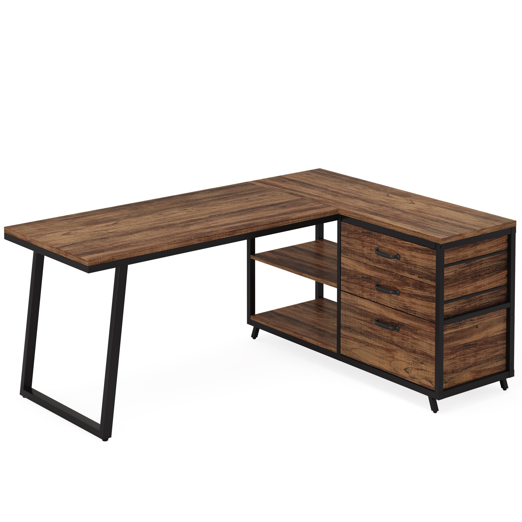 53" Reversible L-Shaped Computer Desk with 3 Drawers and Shelves