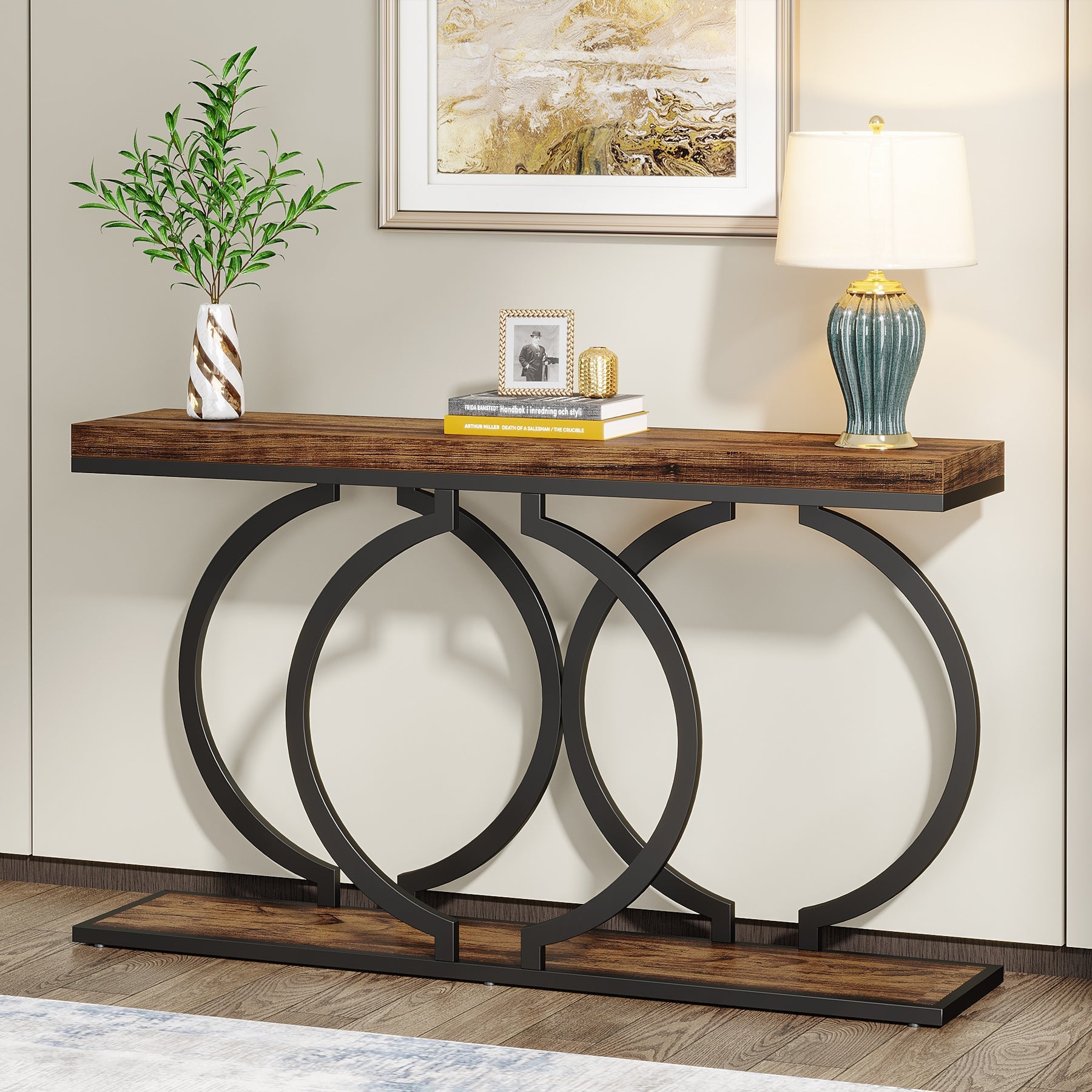 55" Console Table, Narrow Entryway Sofa Table with Geometric Metal Frame Tribesigns