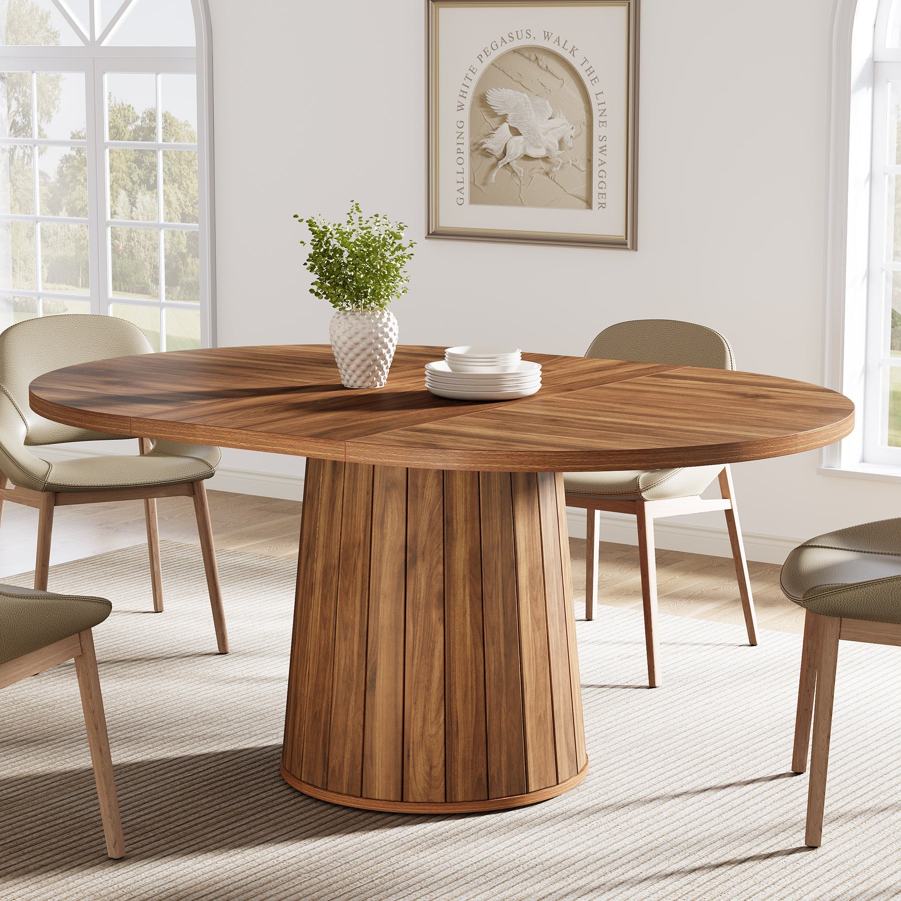 55.11" Oval Dining Table for 6 People, Farmhouse Kitchen Dinner Table with Cylindrical Pedestal