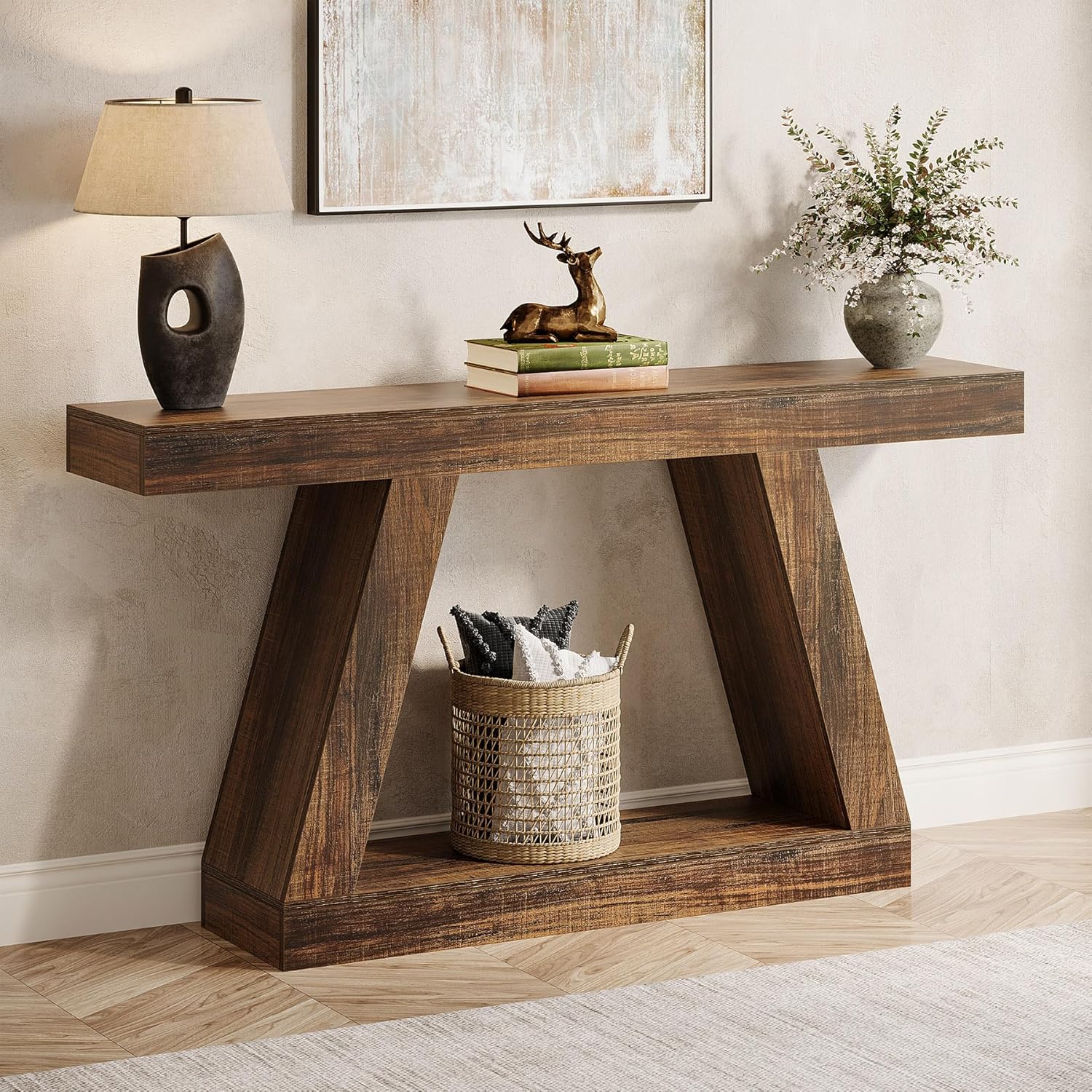 55" Farmhouse Console Table, Rustic Wooden Sofa Table with Storage
