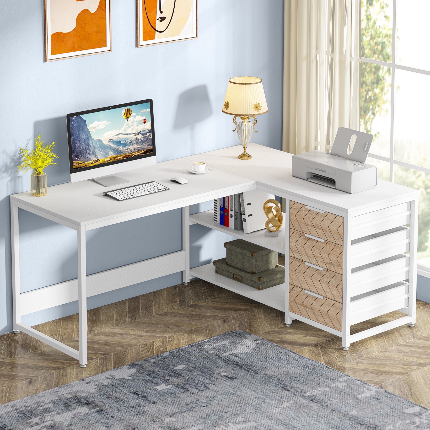 59" L-Shaped Desk, Reversible Corner Desk with Drawers & Shelves