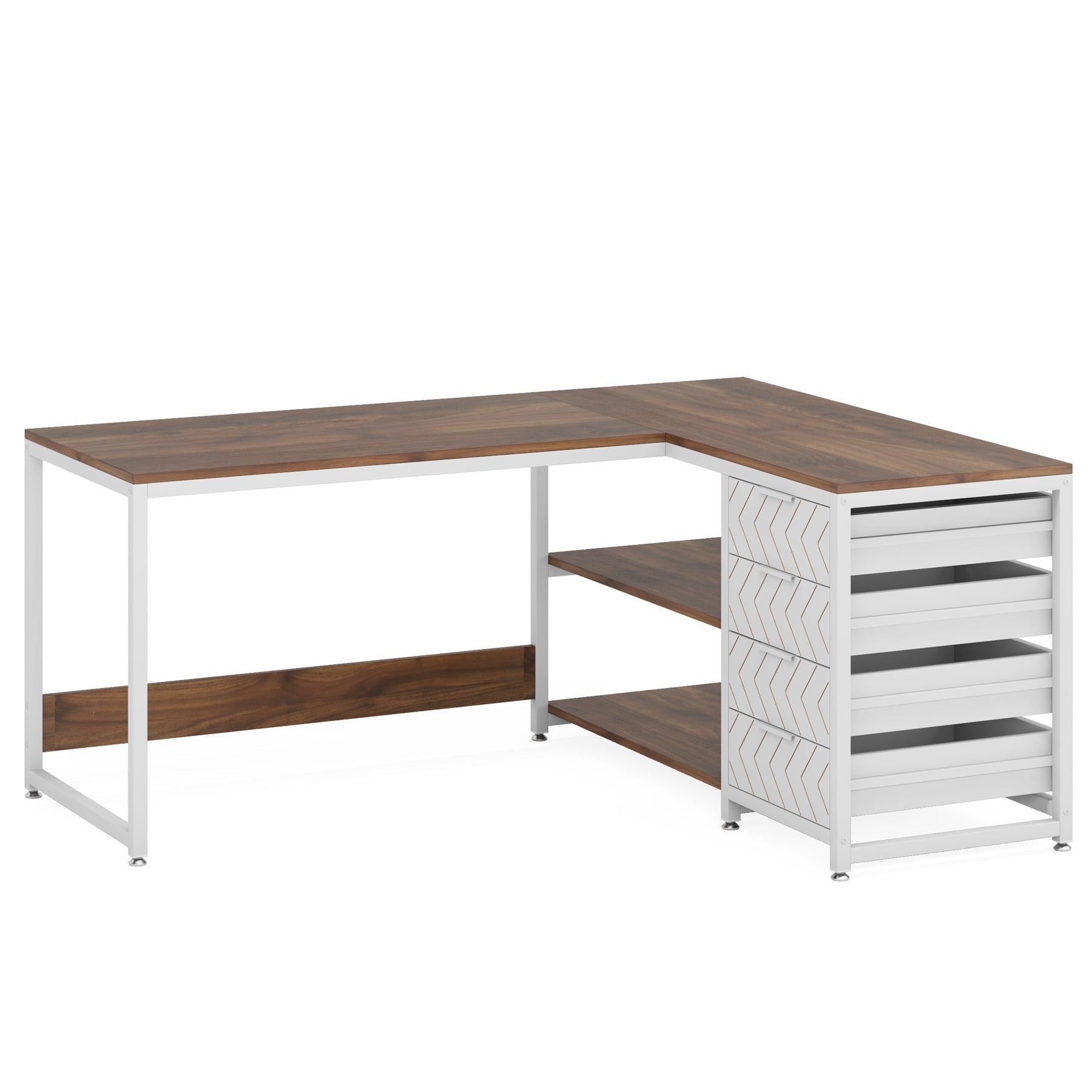 59" L-Shaped Desk, Reversible Corner Desk with Drawers & Shelves
