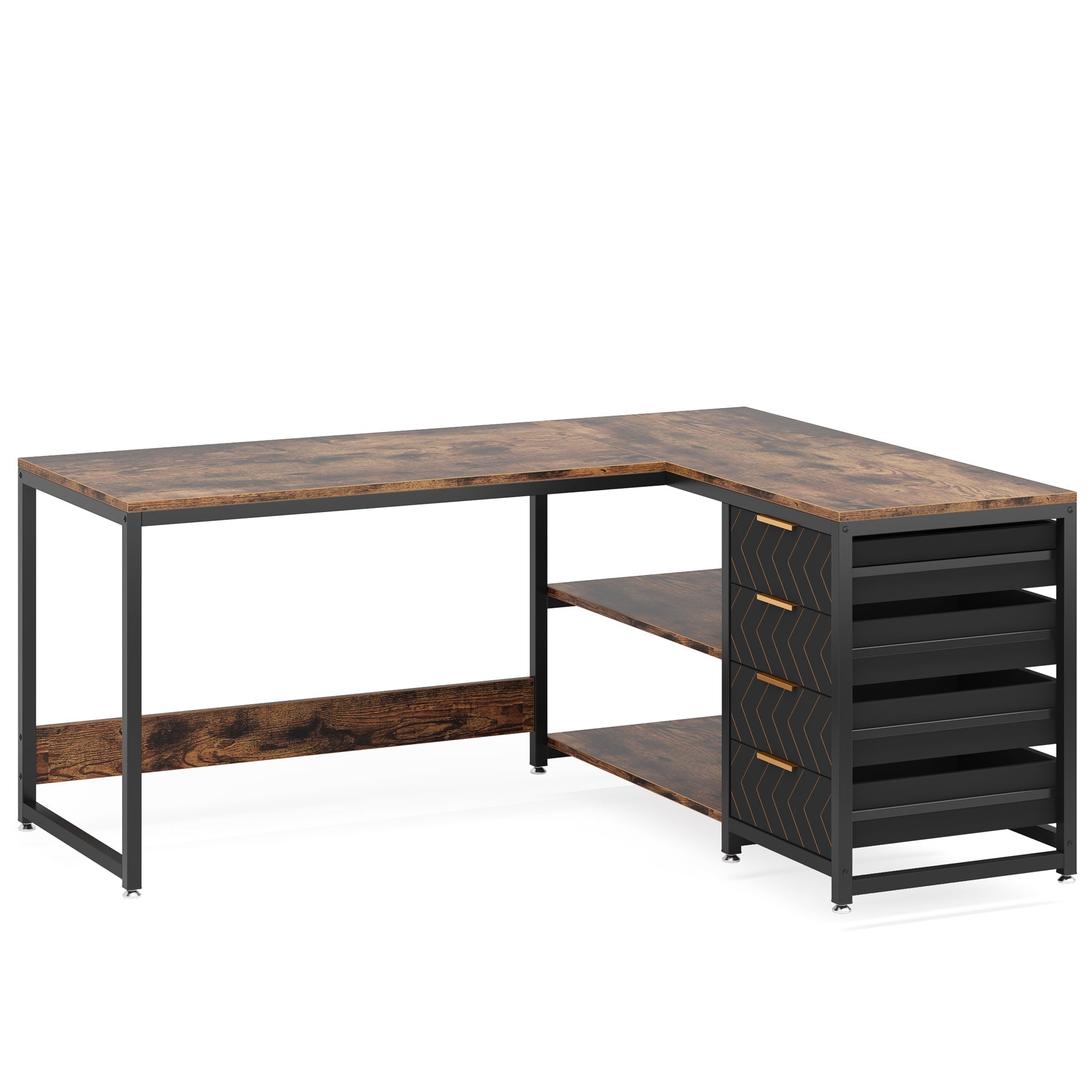59" L-Shaped Desk, Reversible Corner Desk with Drawers & Shelves