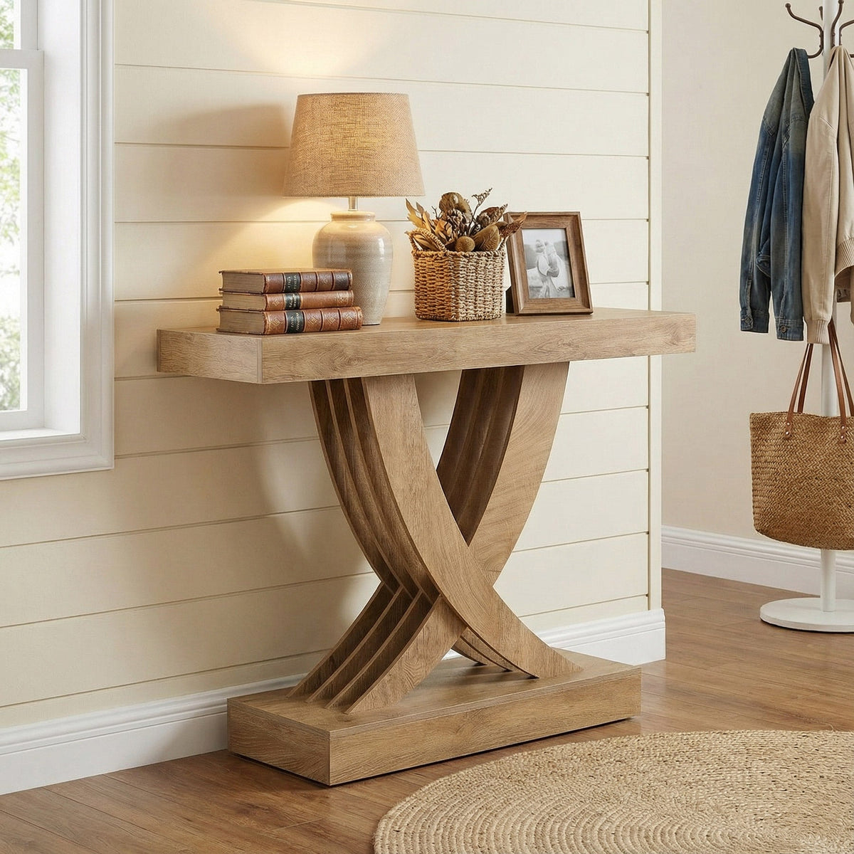 110cm Farmhouse Entryway Console Table, Wooden Sofa Table with X-Frame