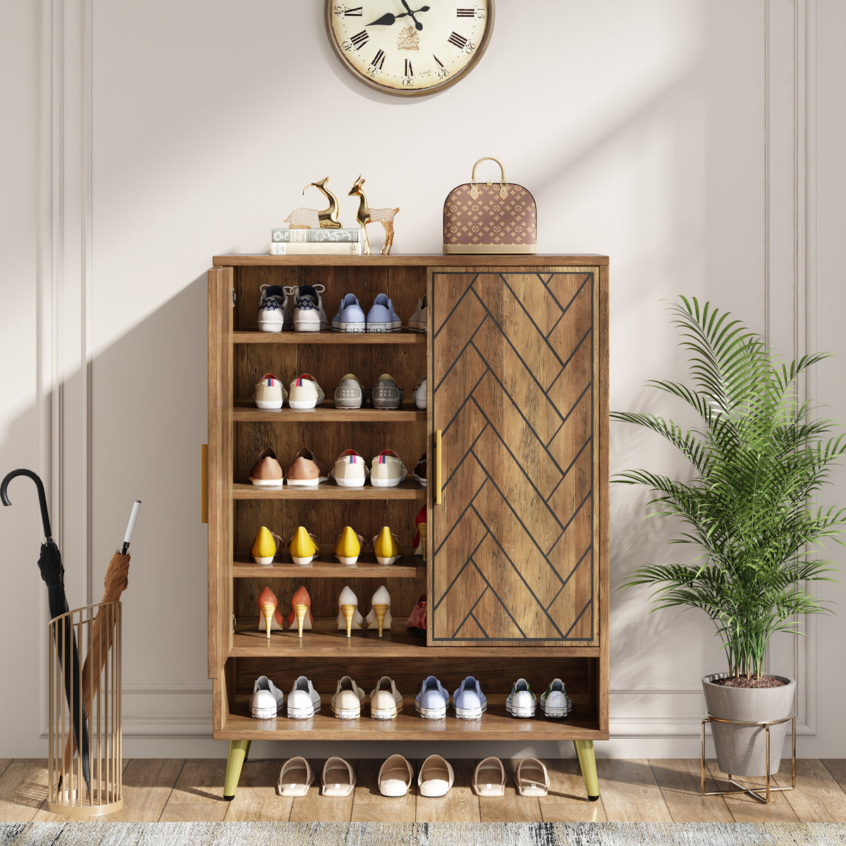 6-Tier Adjustable Shoe Cabinet, Wooden Shoe Organizer with Storage Shelves