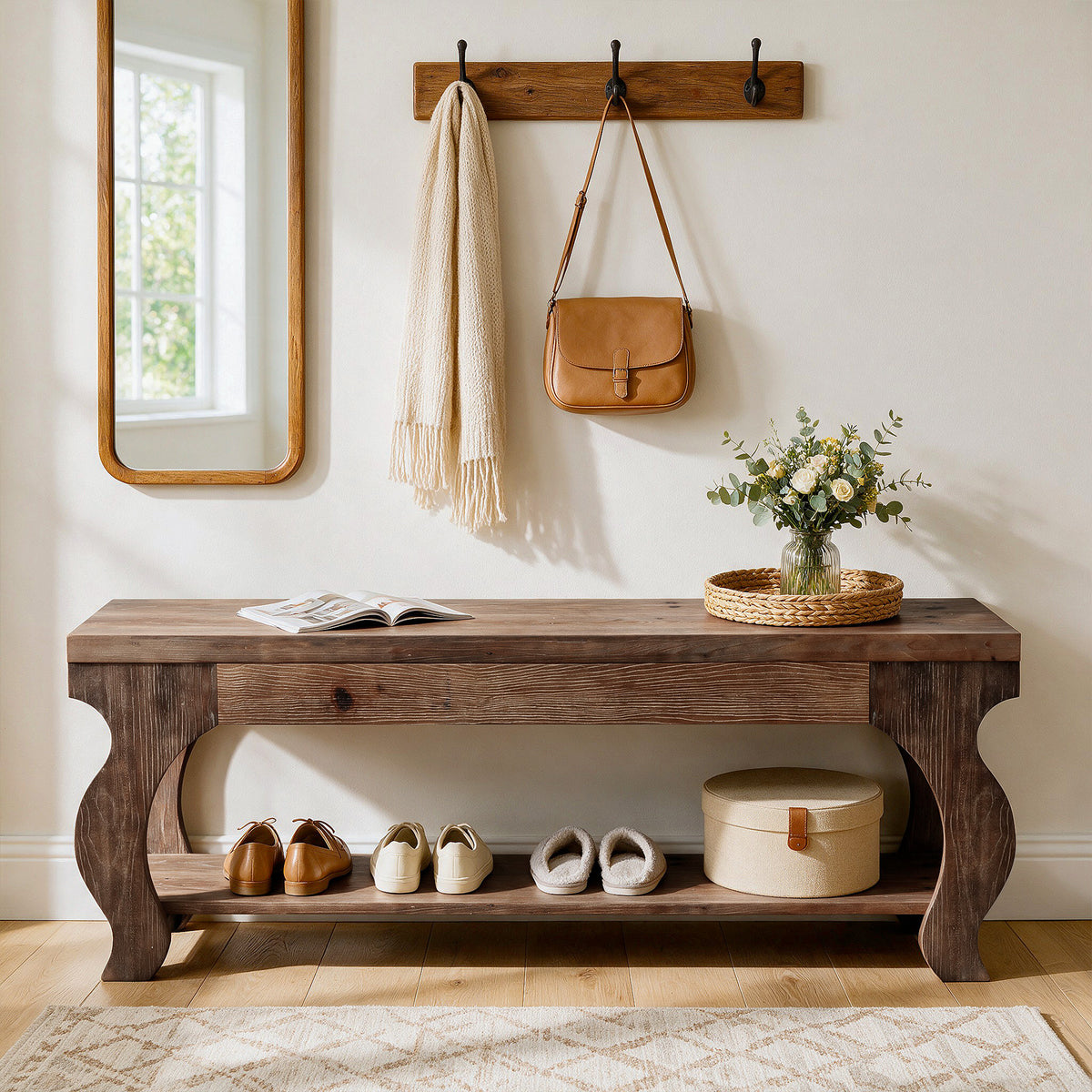 140cm Entryway Bench, Solid Wood 2-Tier Farmhouse Storage Shelf