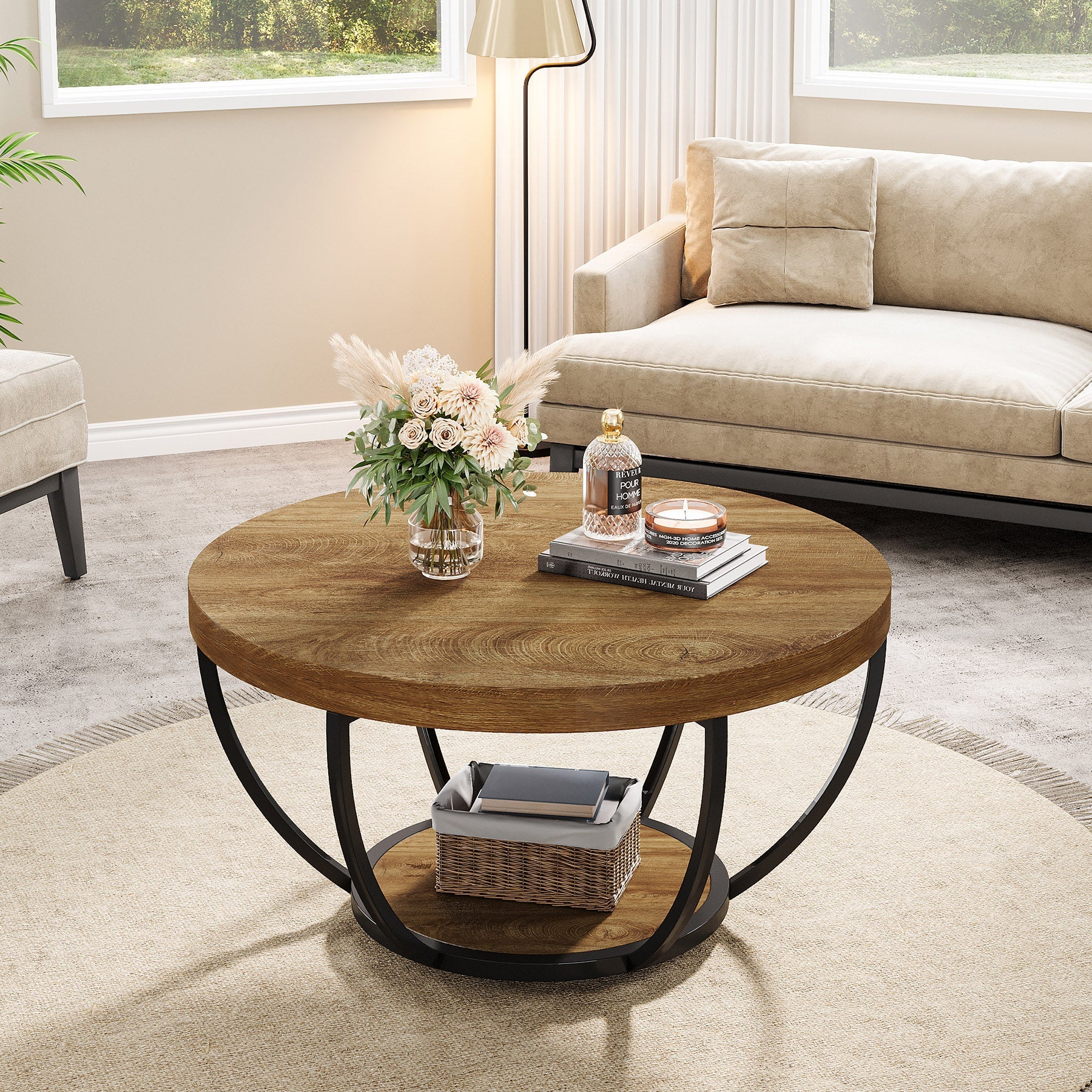 31.69" Round Wooden Coffee Table, 2-Tier Central Cocktail Table with Shelves