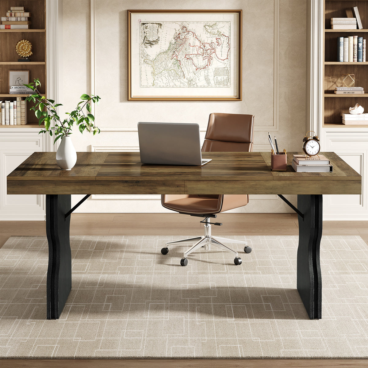 160cm Executive Desk, Farmhouse Wooden Home Office Desk with Hourglass Legs