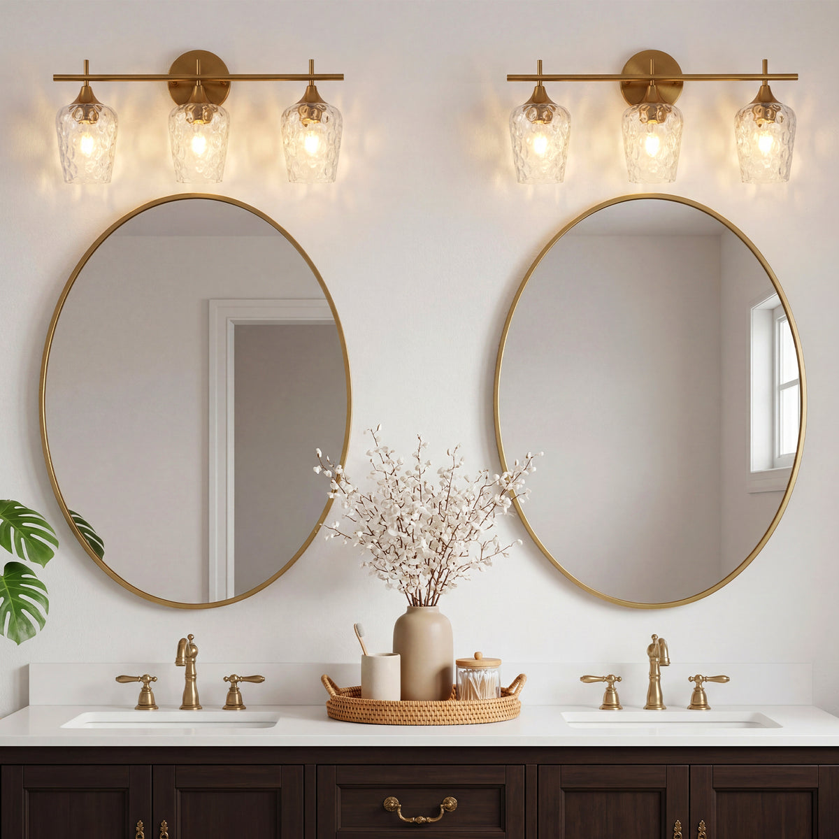 3-Light Gold Bathroom Vanity Light, Textured Glass Wall Sconce
