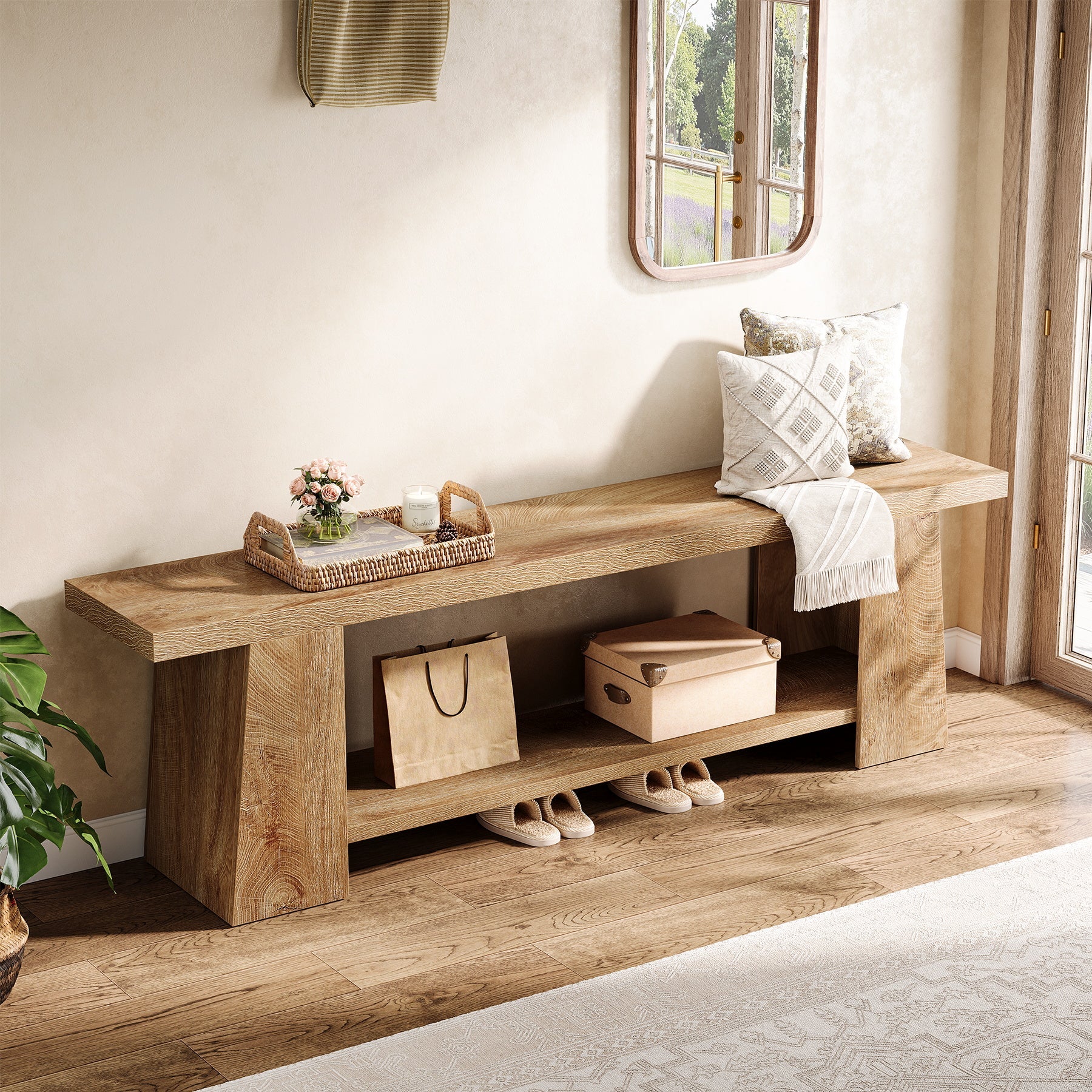 59" 2-Tier Entryway Bench, Shoe Bench End of Bed Bench with Storage Shelves