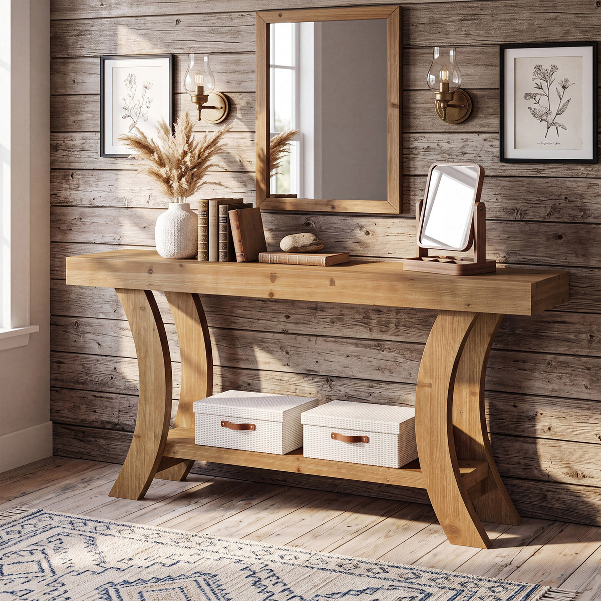 160cm Console Table, Solid Wood Hallway Table with Storage & Arched Frame