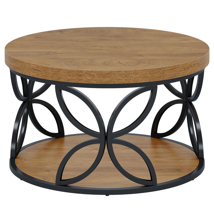 80cm Round Coffee Table, 2-Tier Rustic Storage with Metal Frame