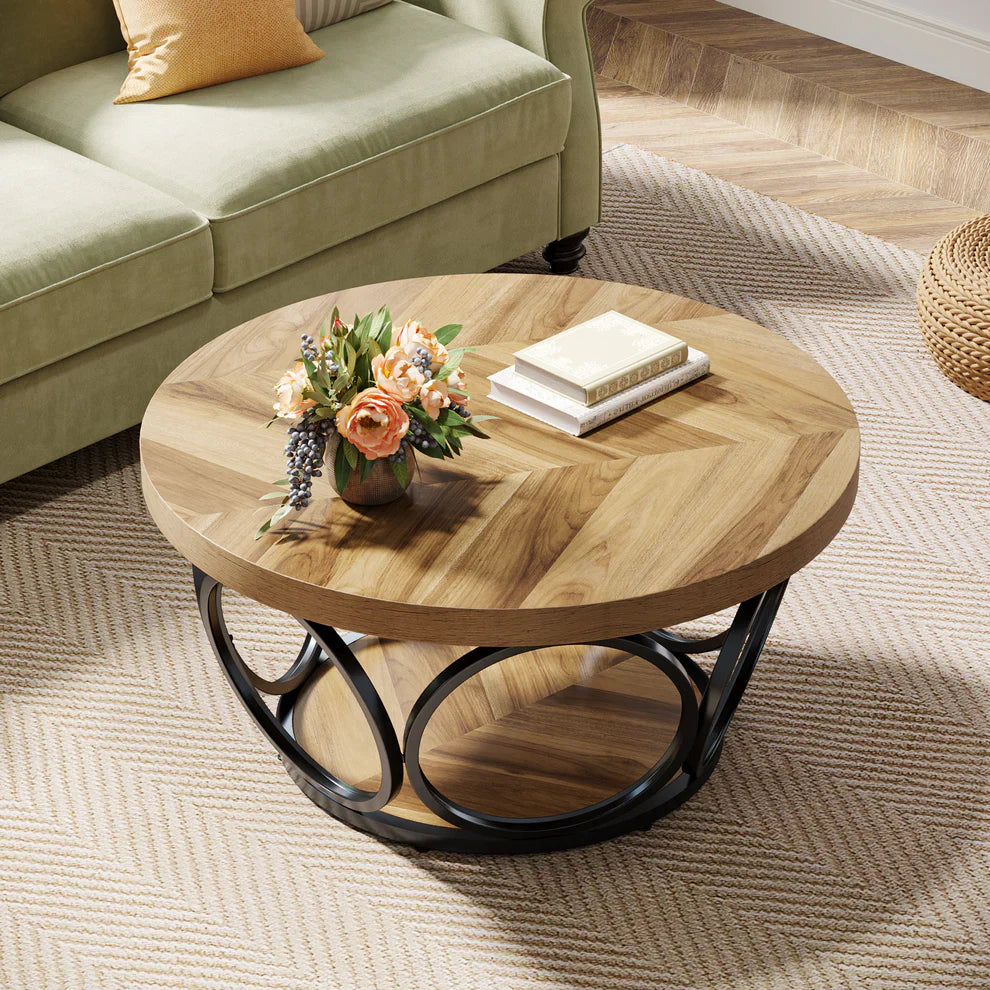 Farmhouse Coffee Table, Round Center Table with 2 Storage Shelves