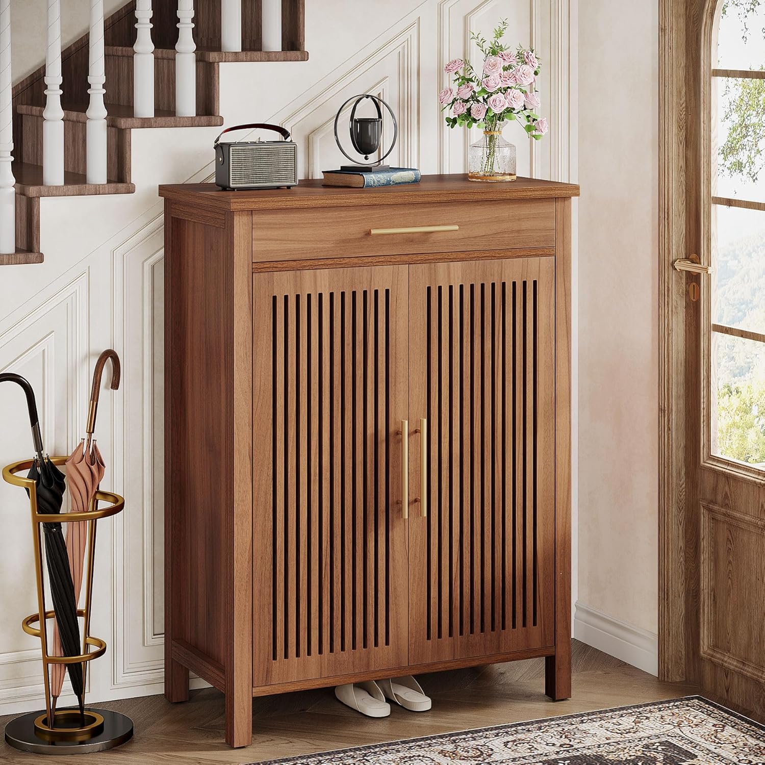 55" 5-Tier Shoe Cabinet, Louvered Door Storage Organizer with Drawer Shelves