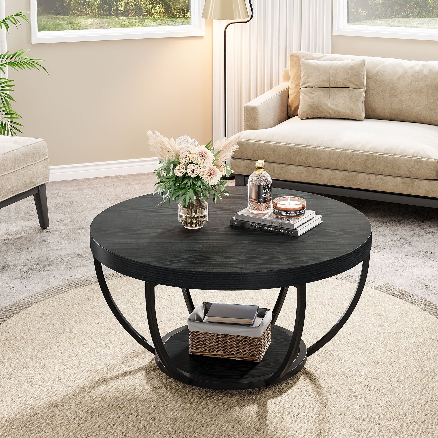 31.69" Round Wooden Coffee Table, 2-Tier Central Cocktail Table with Shelves