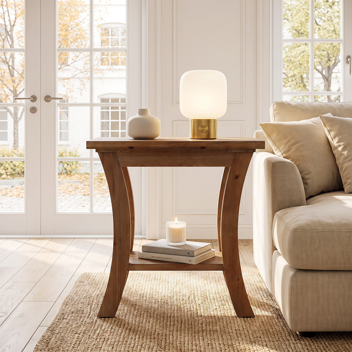60cm Side Table, Solid Wood Farmhouse End Table with Lower Shelf