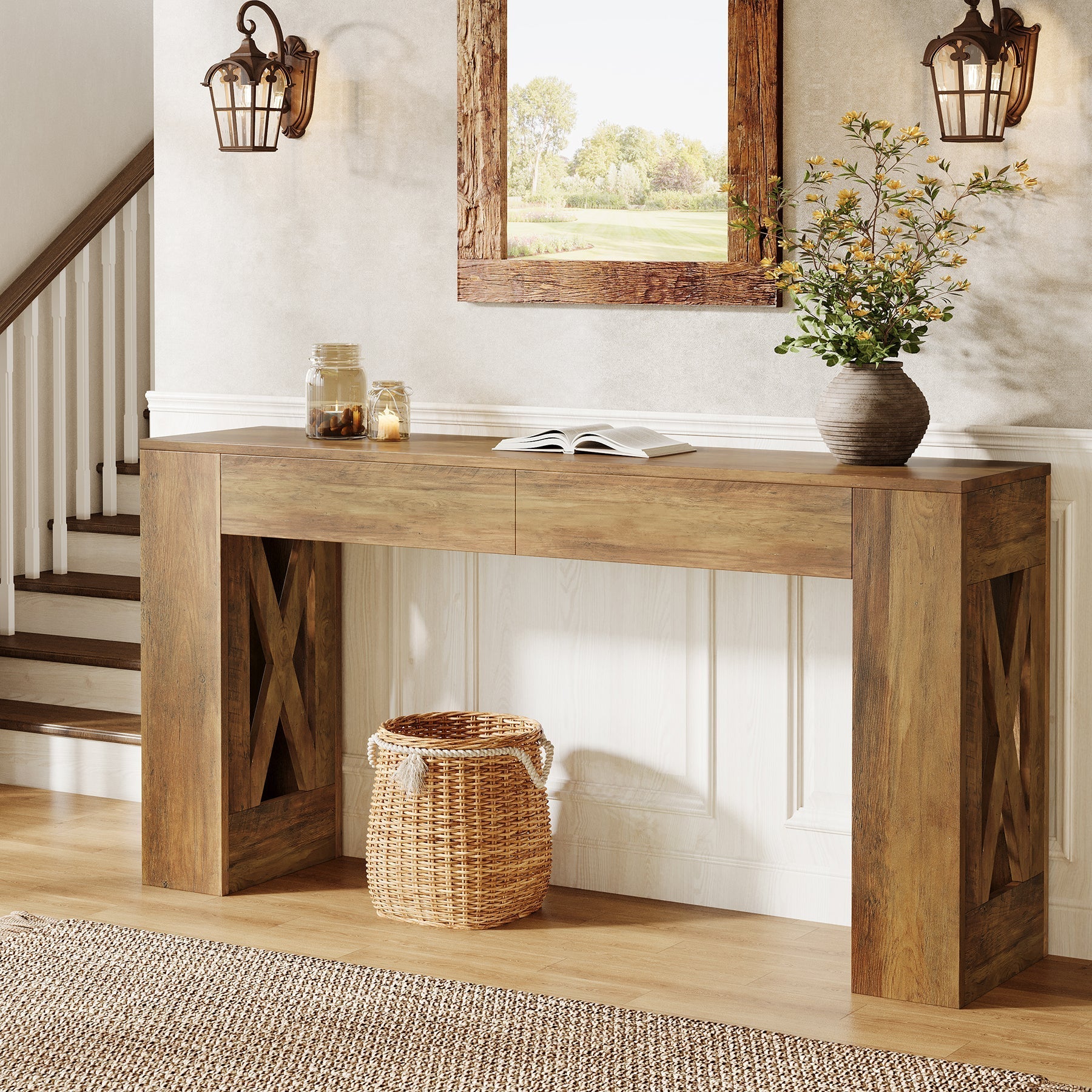 63" Farmhouse Console Table, X-Leg Sofa Table with 2 Drawers