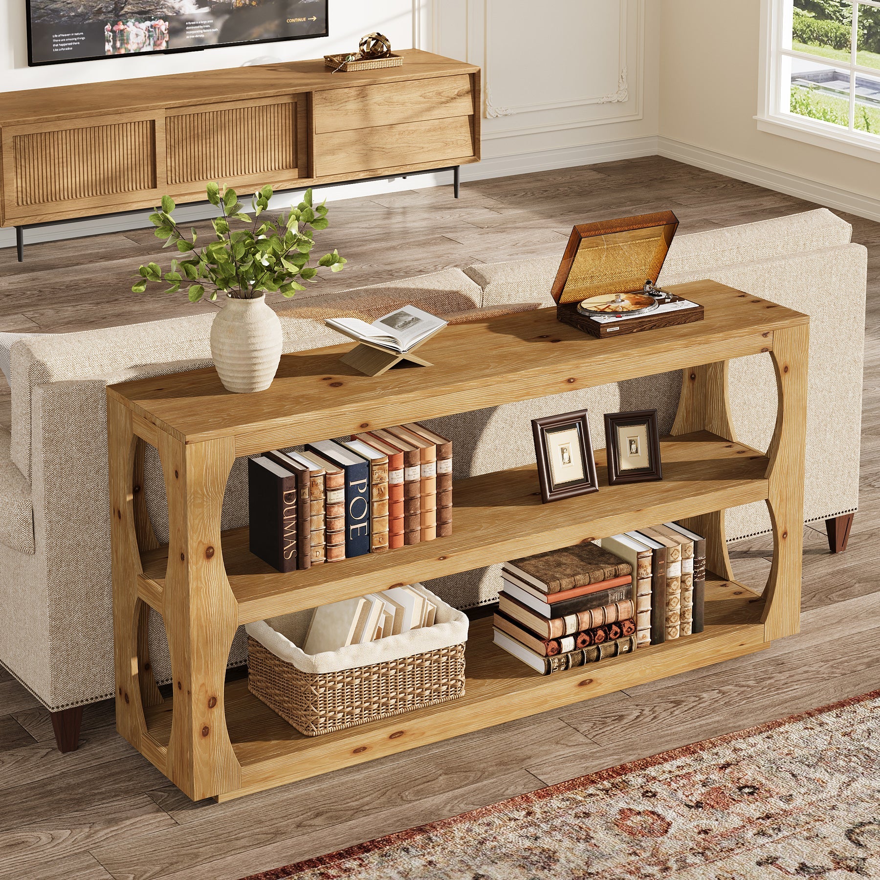 160cm Solid Wood Console Table, Farmhouse Narrow Entryway Sofa Table with 3-Tier Storage