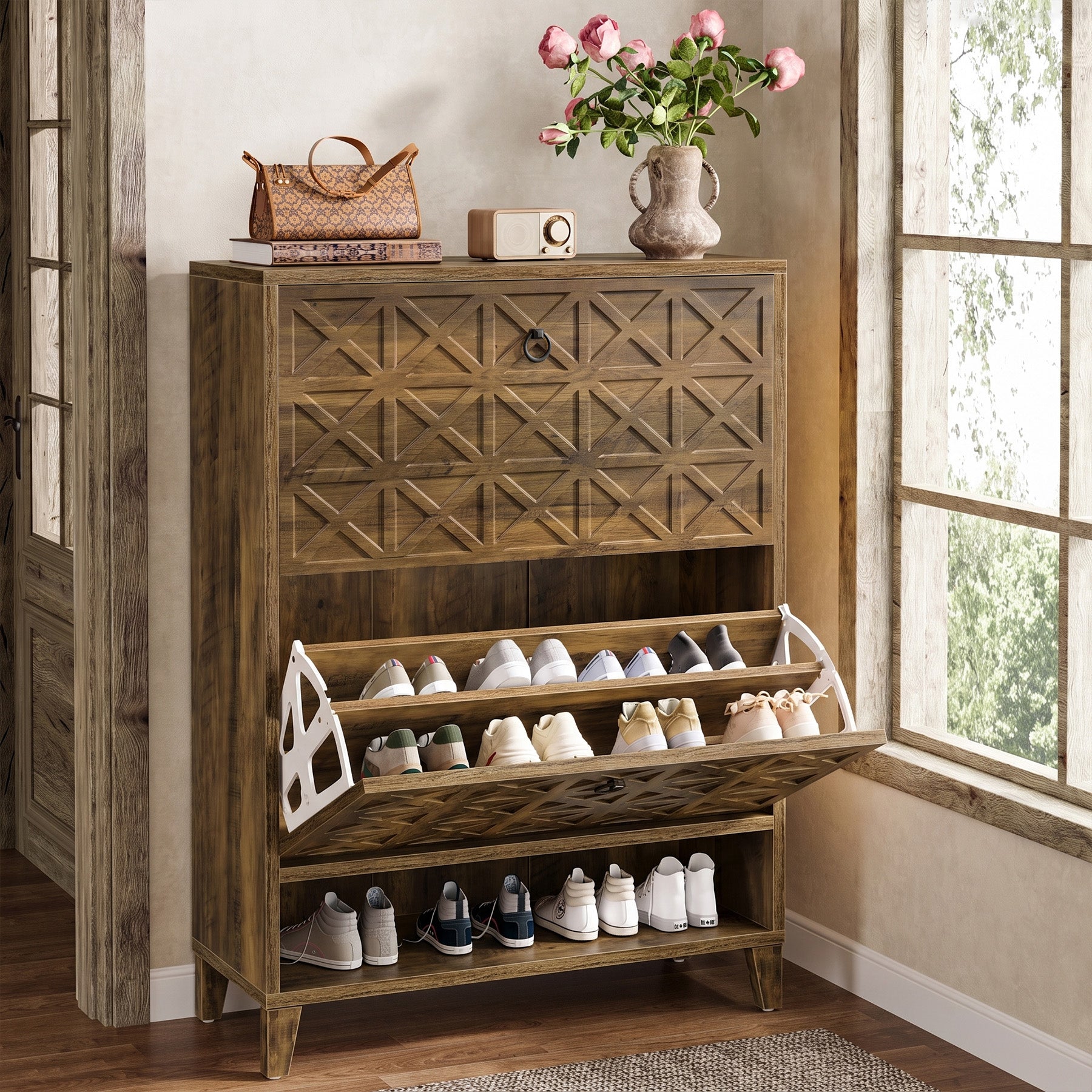 Wood Shoe Cabinet, Shoe Storage Organizer with 2 Flip Drawers
