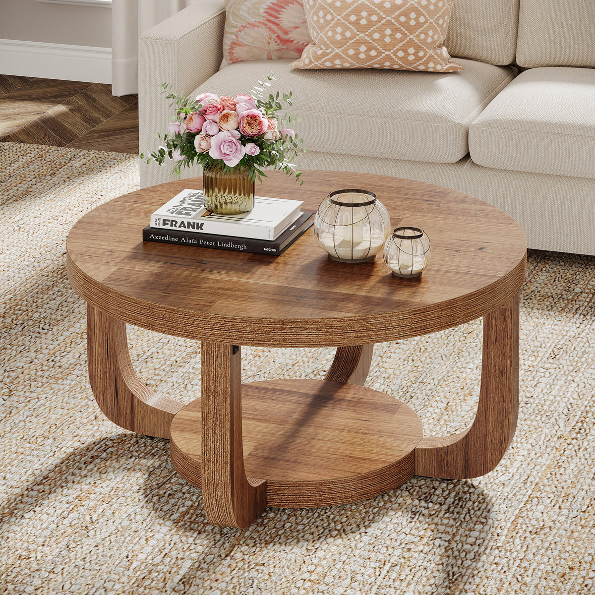80cm Round Coffee Table, 2-Tier Storage Coffee Table for Living Room & Bedroom