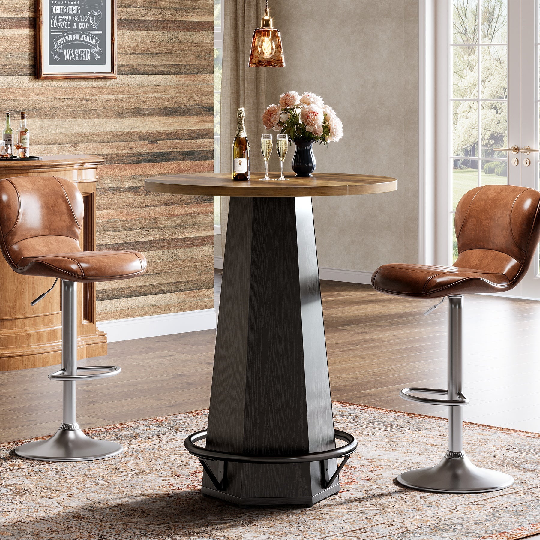 Round Bar Table, 39.4" H Bistro Pub Cocktail Table with Metal Footrest (Only Table)