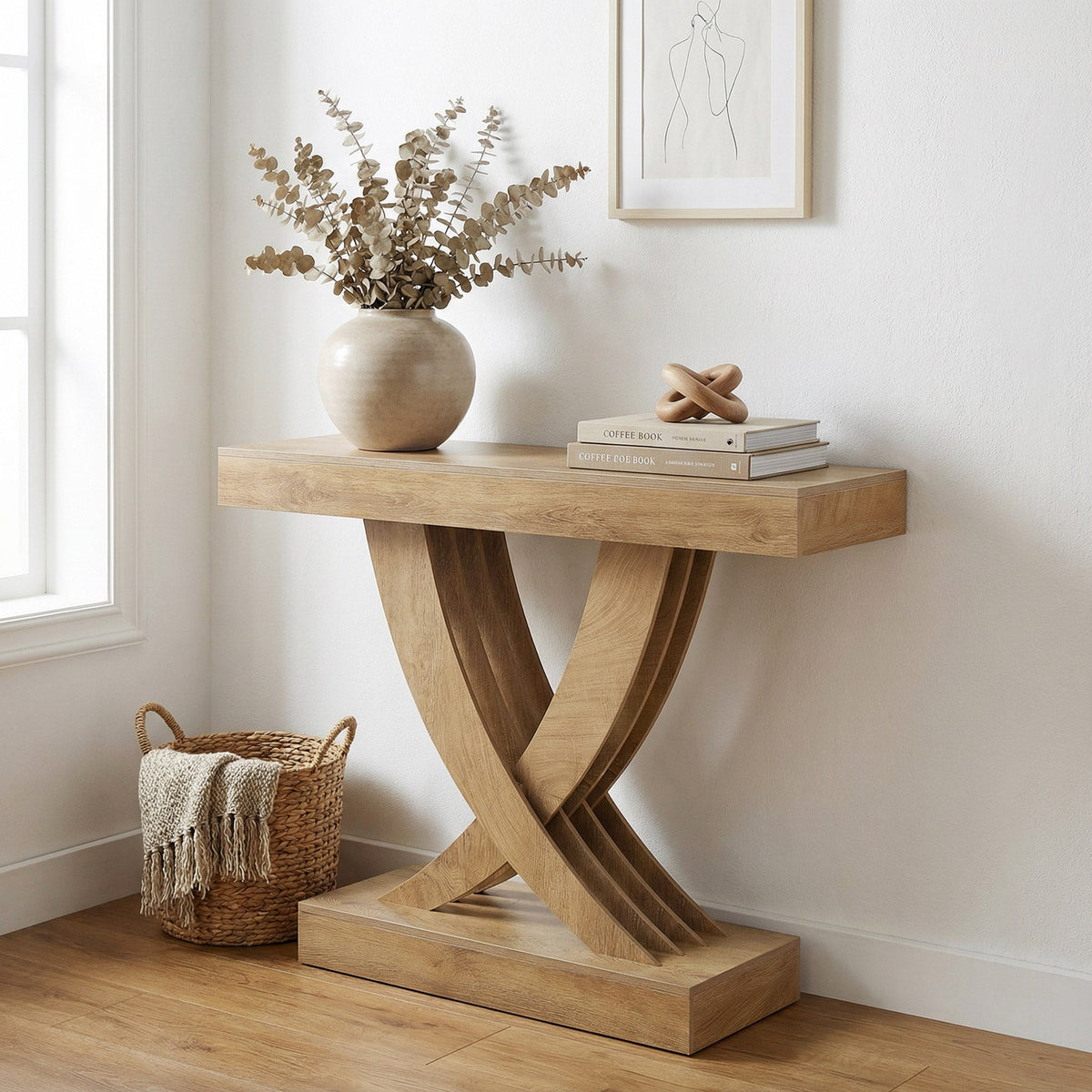 110cm Farmhouse Entryway Console Table, Wooden Sofa Table with X-Frame