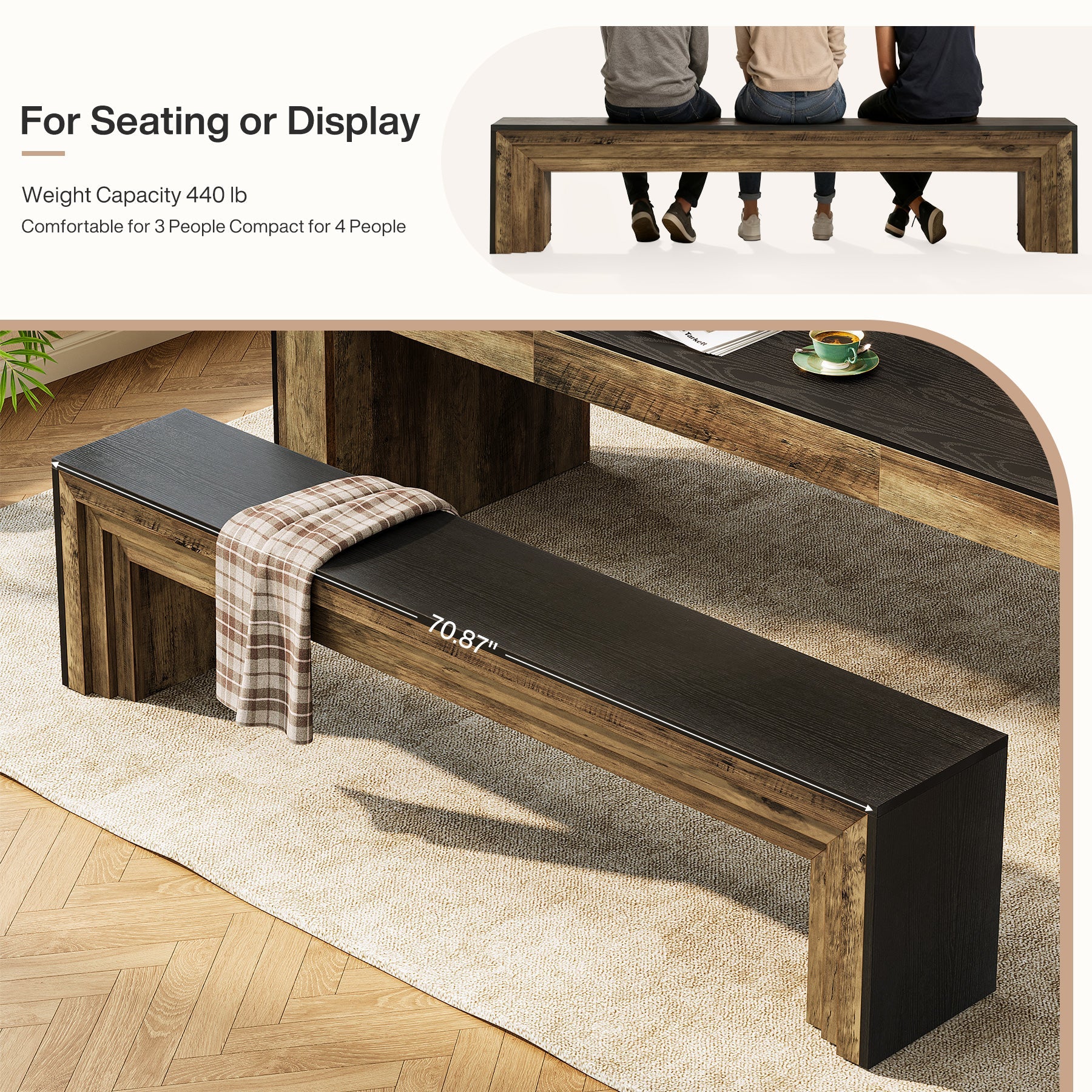 180cm Dining Bench, Farmhouse Long Kitchen Bench Seating