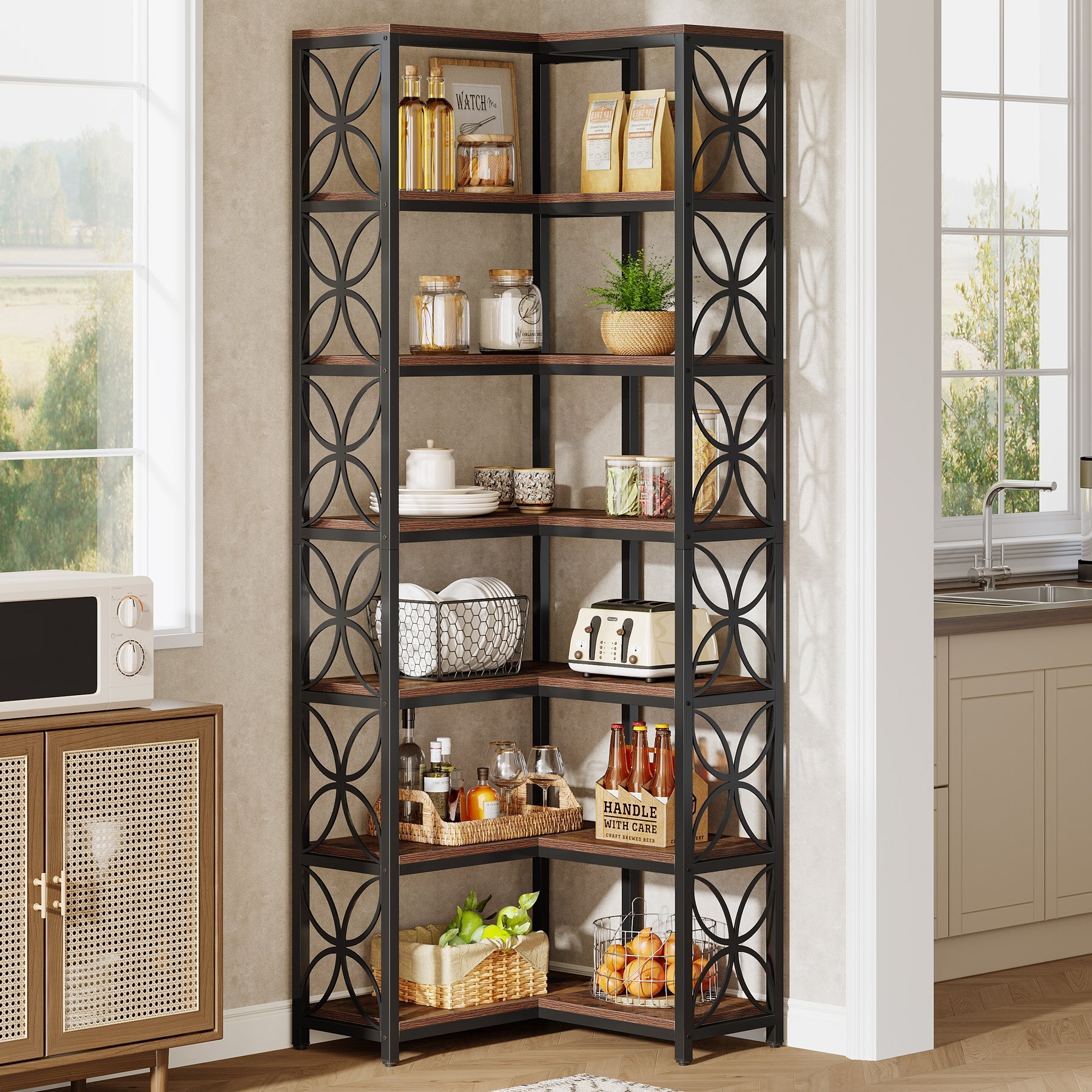 79" 7-Tier L-Shaped Corner Bookshelf, Tall Wood Bookcase with Metal Frame for Living Room or Office