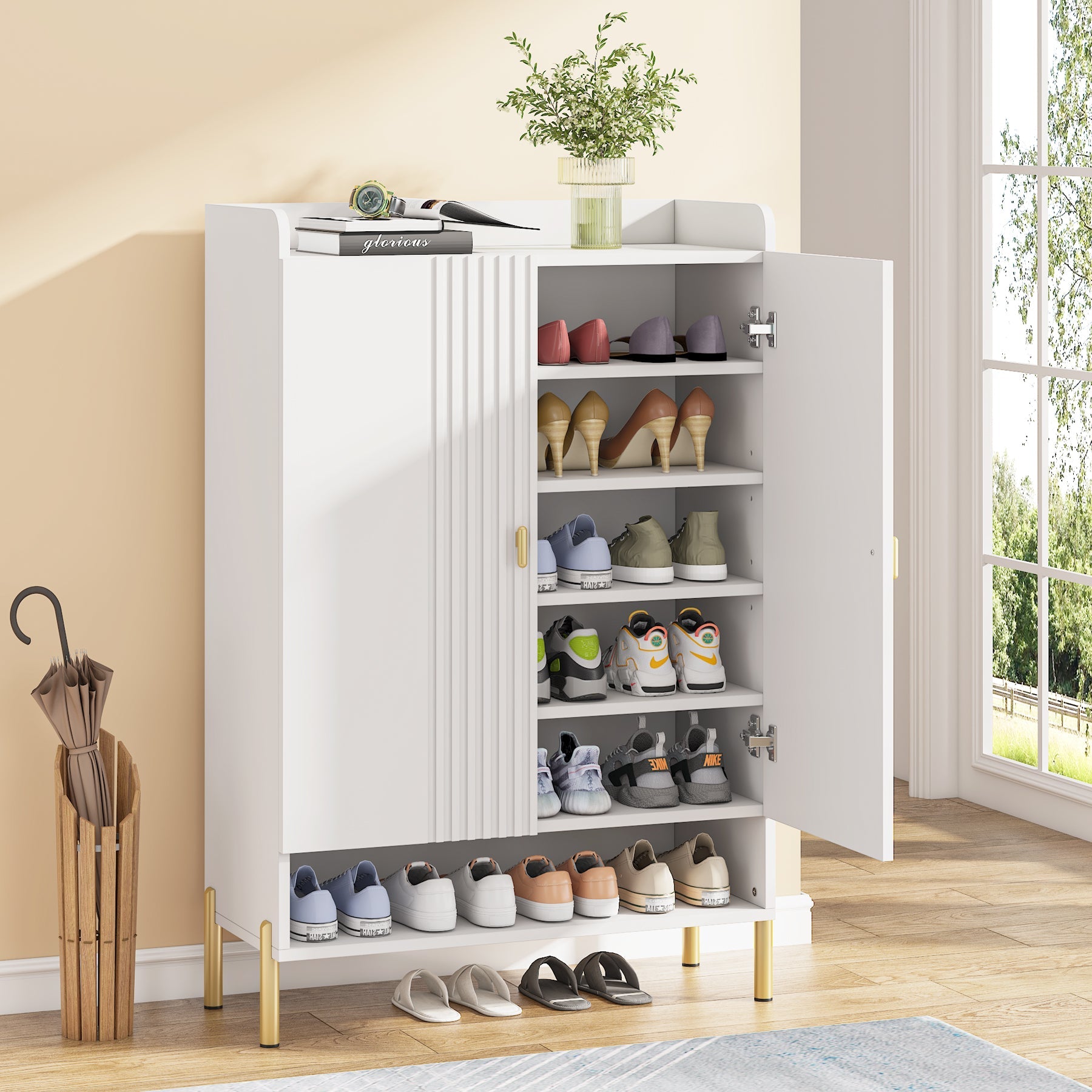 6-Tier Shoe Cabinet, Freestanding White Organizer with Doors for Entryway