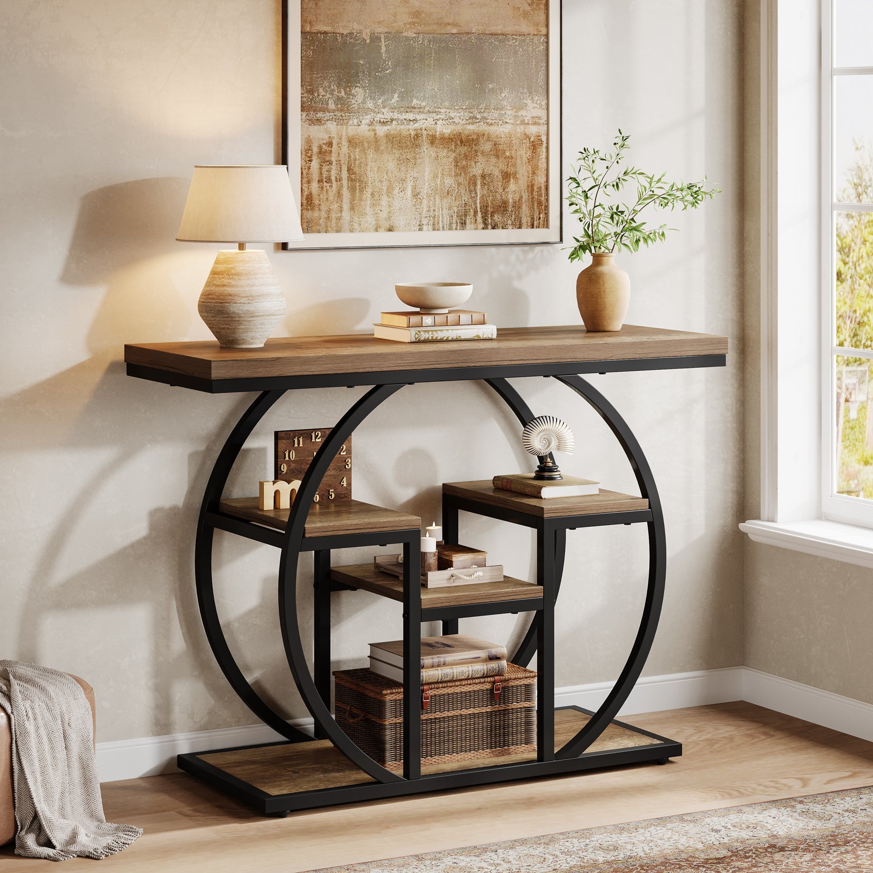 105cm Industrial Console Table, 4-Tier Sofa Table with Storage Shelves
