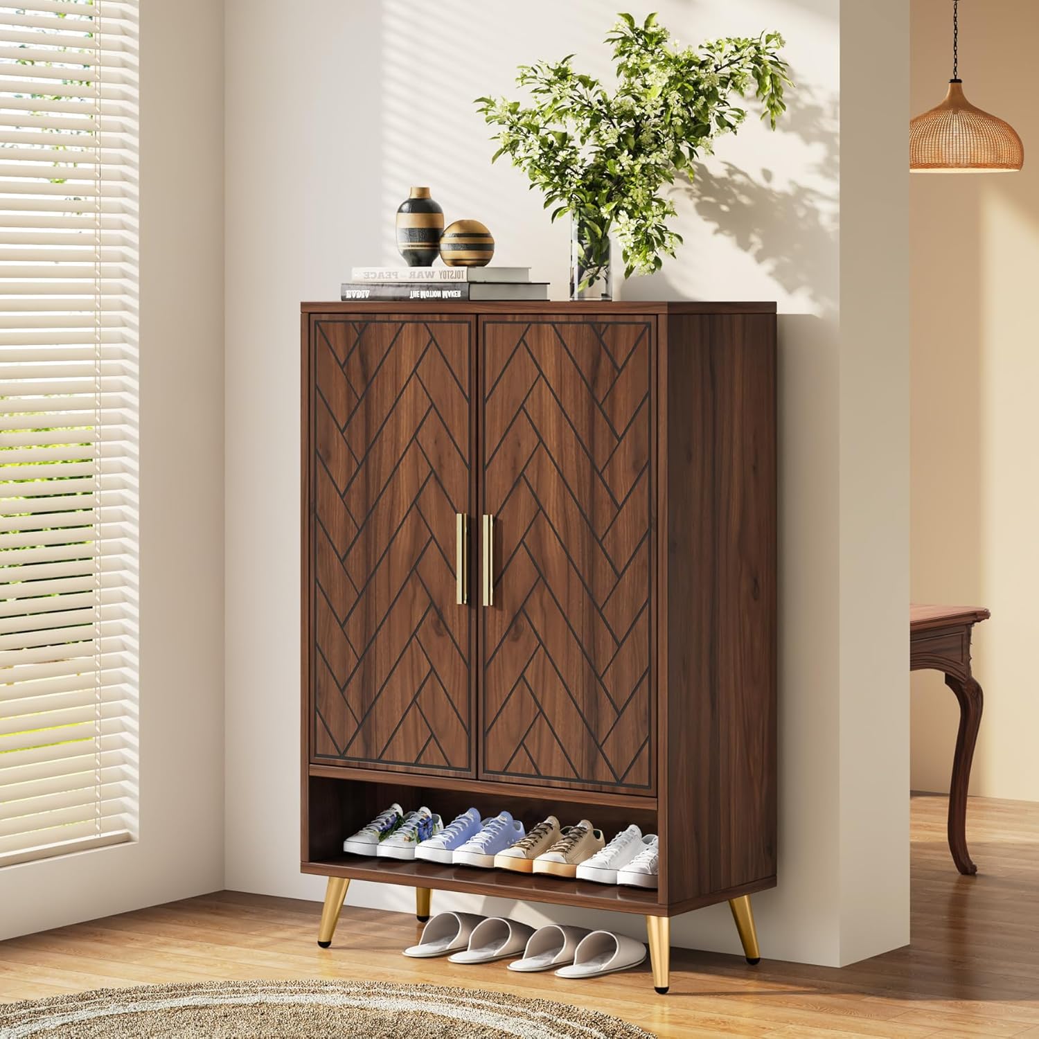 6-Tier Adjustable Shoe Cabinet, Wooden Shoe Organizer with Storage Shelves