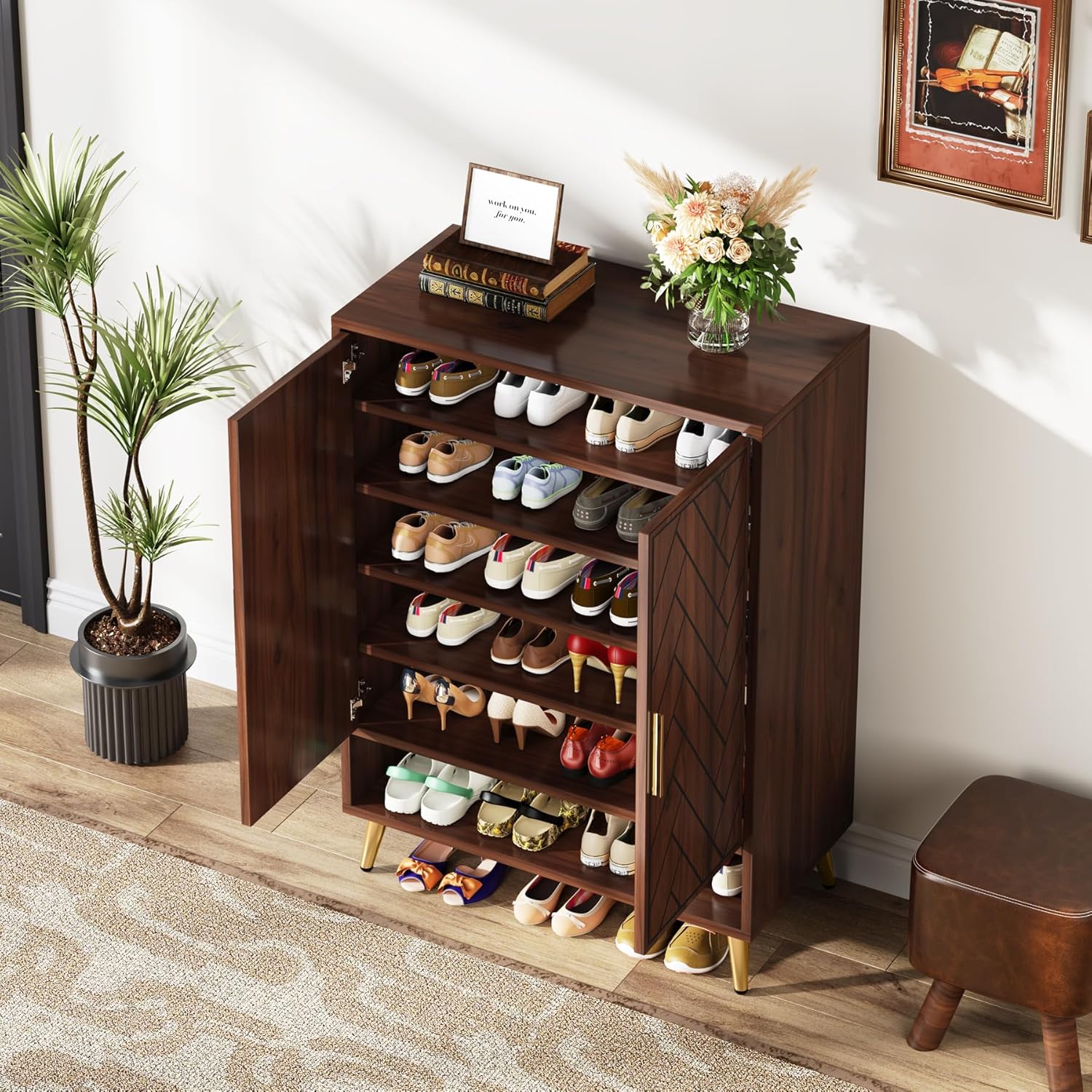 6-Tier Adjustable Shoe Cabinet, Wooden Shoe Organizer with Storage Shelves