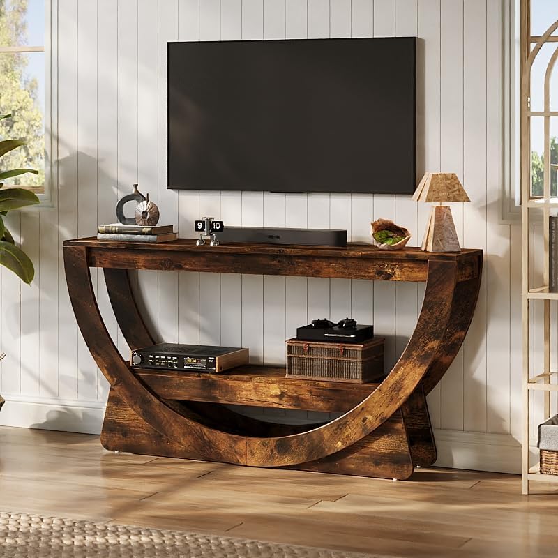 63" Farmhouse TV Stand with Arched Shelf, Dark Brown Media Console for TVs Up to 75"