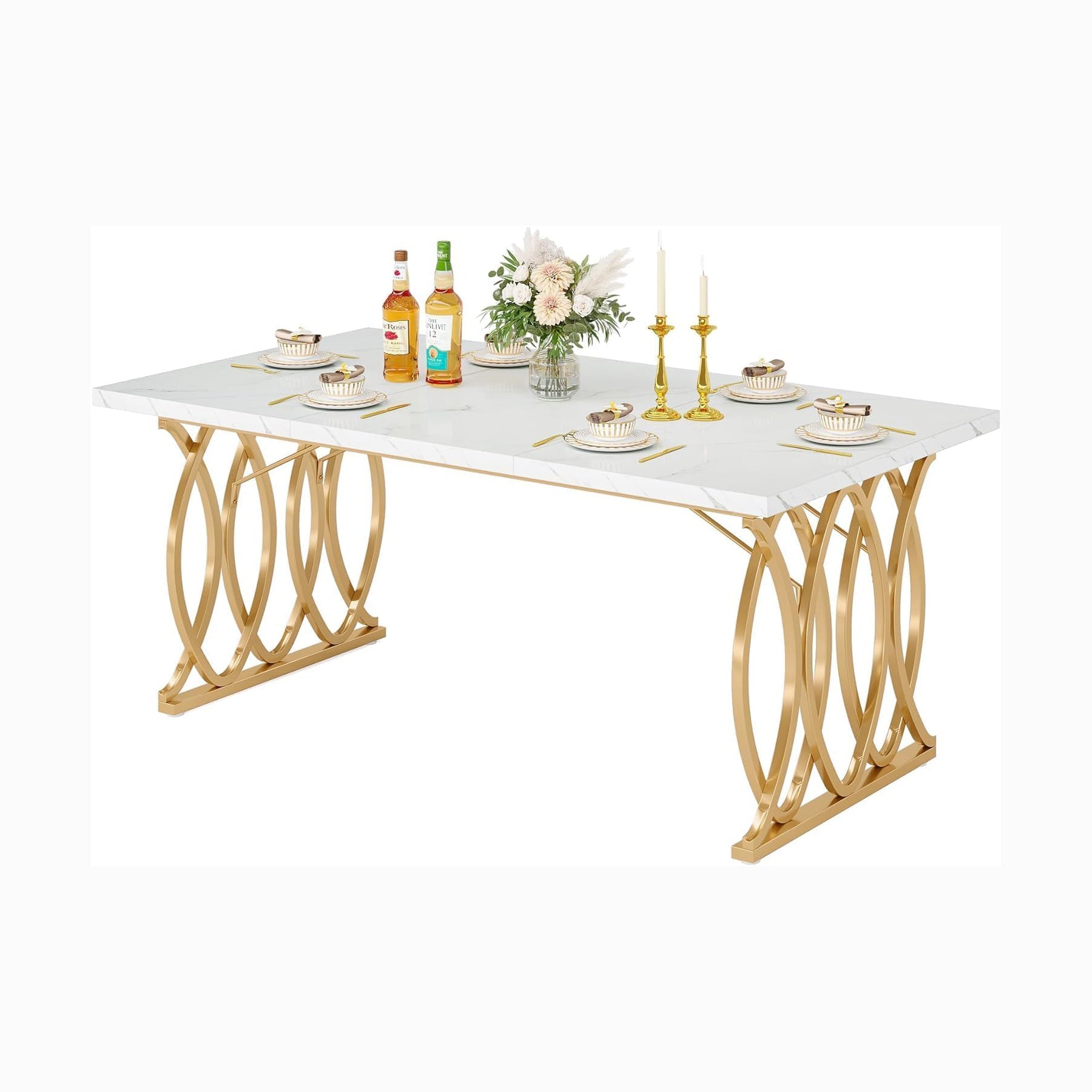 Tribesigns 63-inch Modern Dining Table, White Marble Top with Gold Geometric Legs