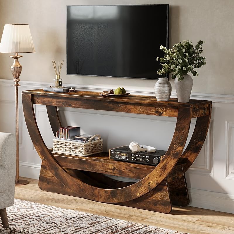 63" Farmhouse TV Stand with Arched Shelf, Dark Brown Media Console for TVs Up to 75"