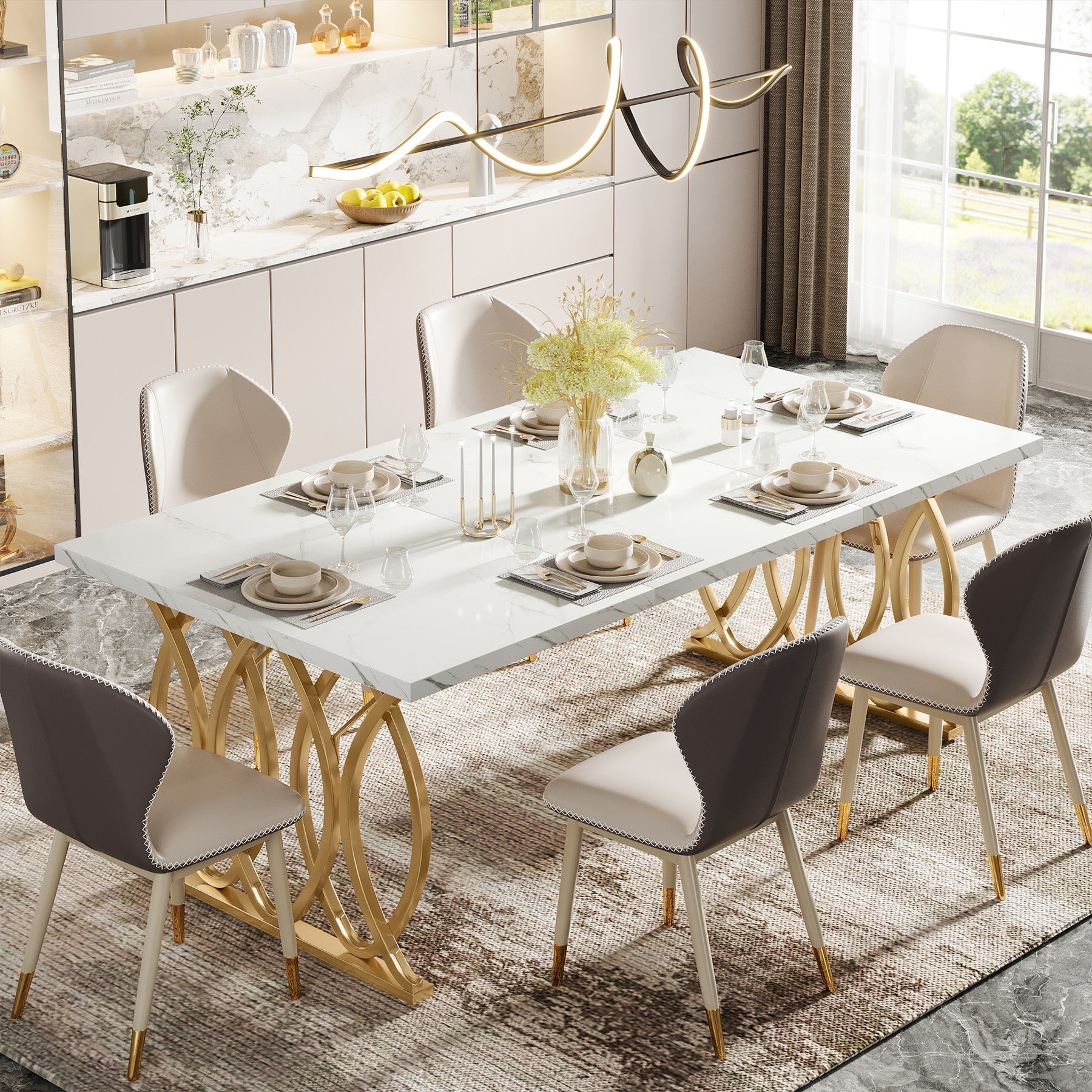 Tribesigns 63-inch Modern Dining Table, White Marble Top with Gold Geometric Legs