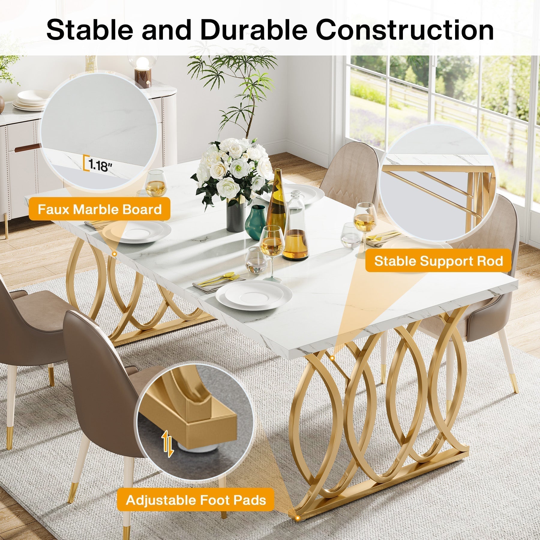Tribesigns 63-inch Modern Dining Table, White Marble Top with Gold Geometric Legs