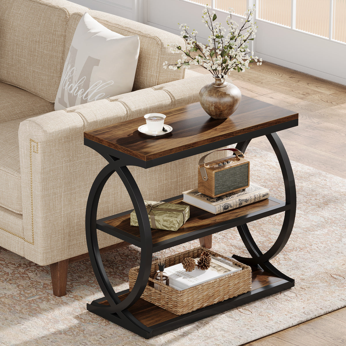 60cm Narrow Side Table, 3-Tier Industrial Wooden Nightstand for Small Spaces