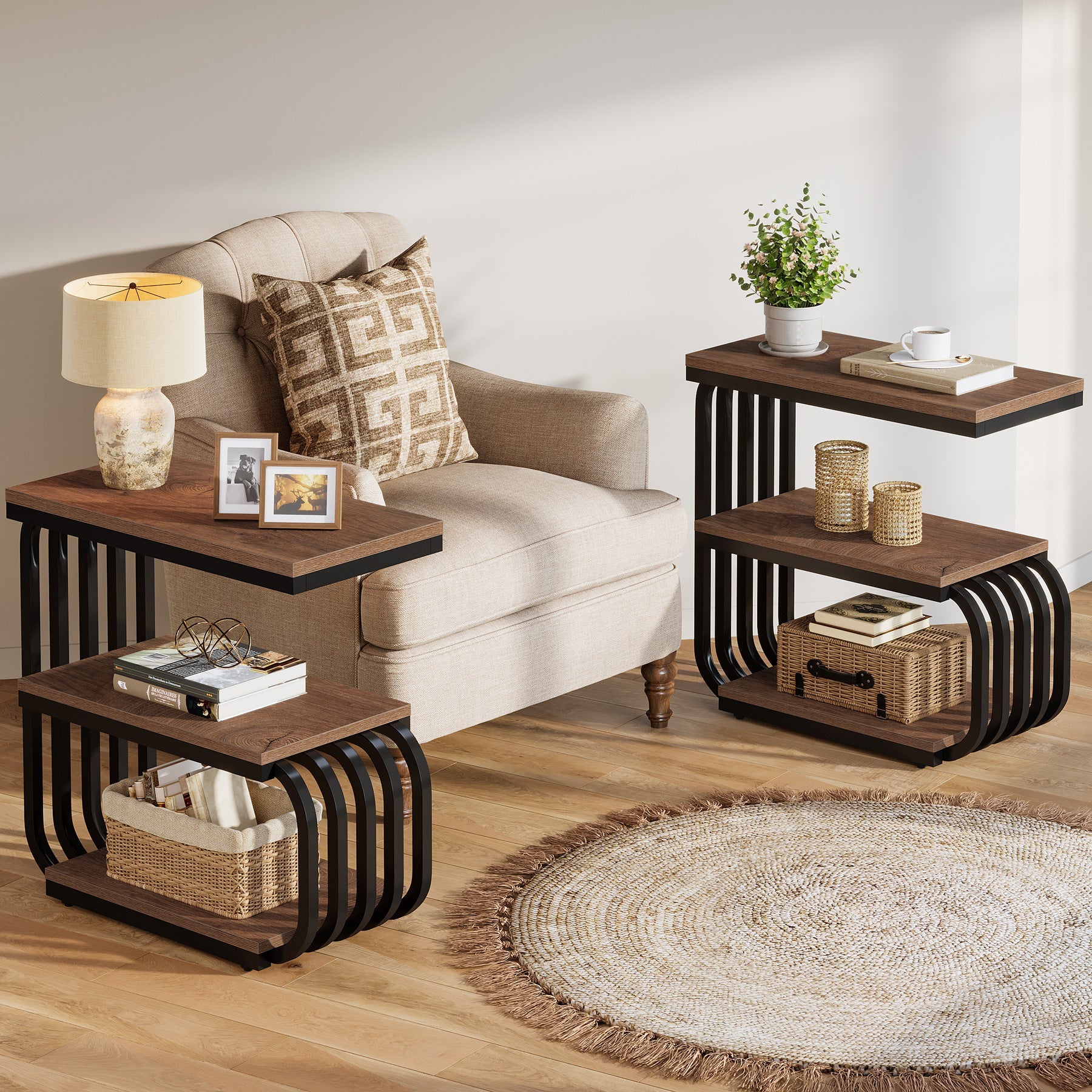 3-Tier Narrow End Table, C-Shaped Side Table for Living Room