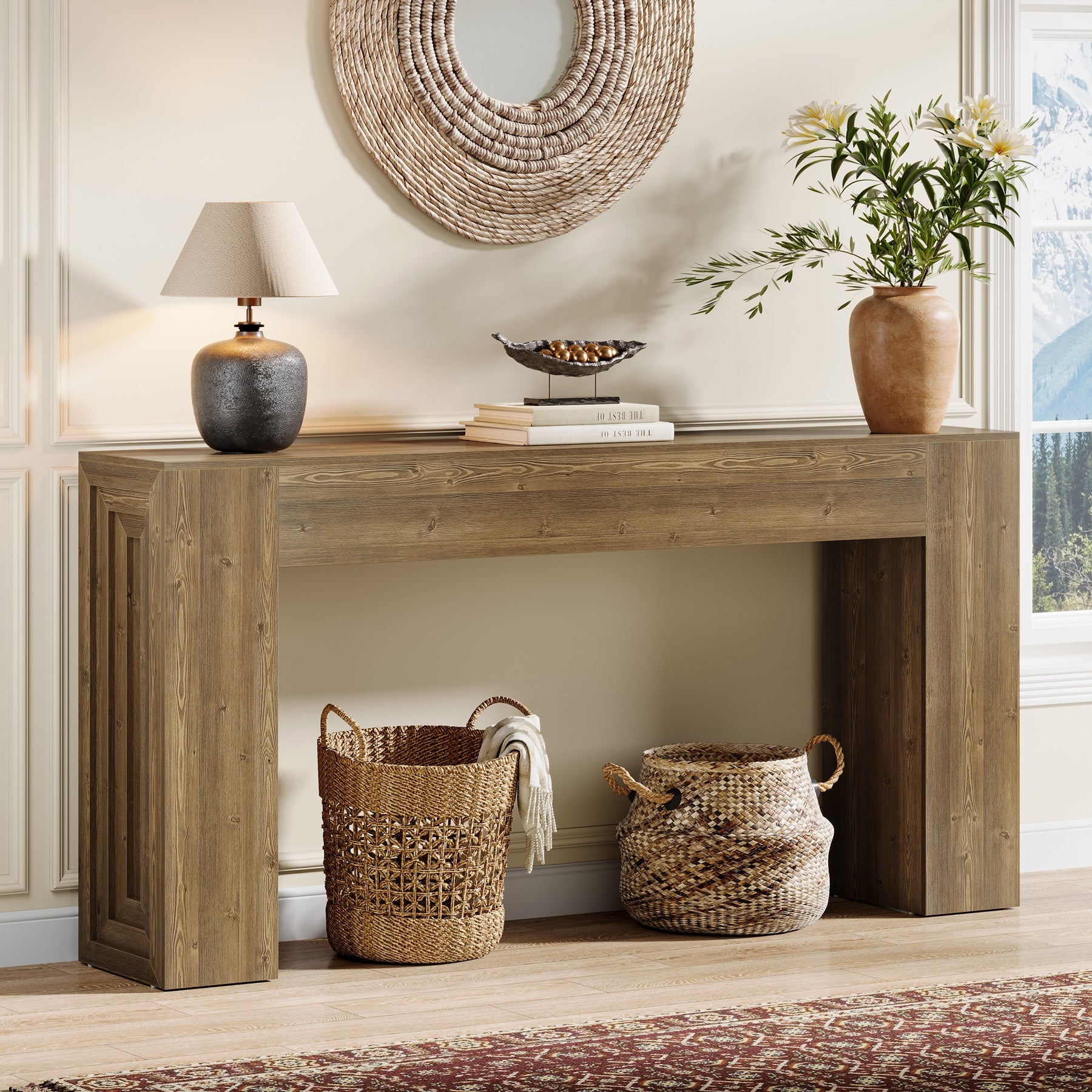 63" Farmhouse Console Table, Narrow Sofa Table with Natural Brown Finish for Entryway