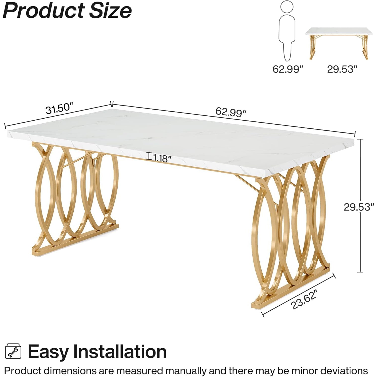 Tribesigns 63-inch Modern Dining Table, White Marble Top with Gold Geometric Legs
