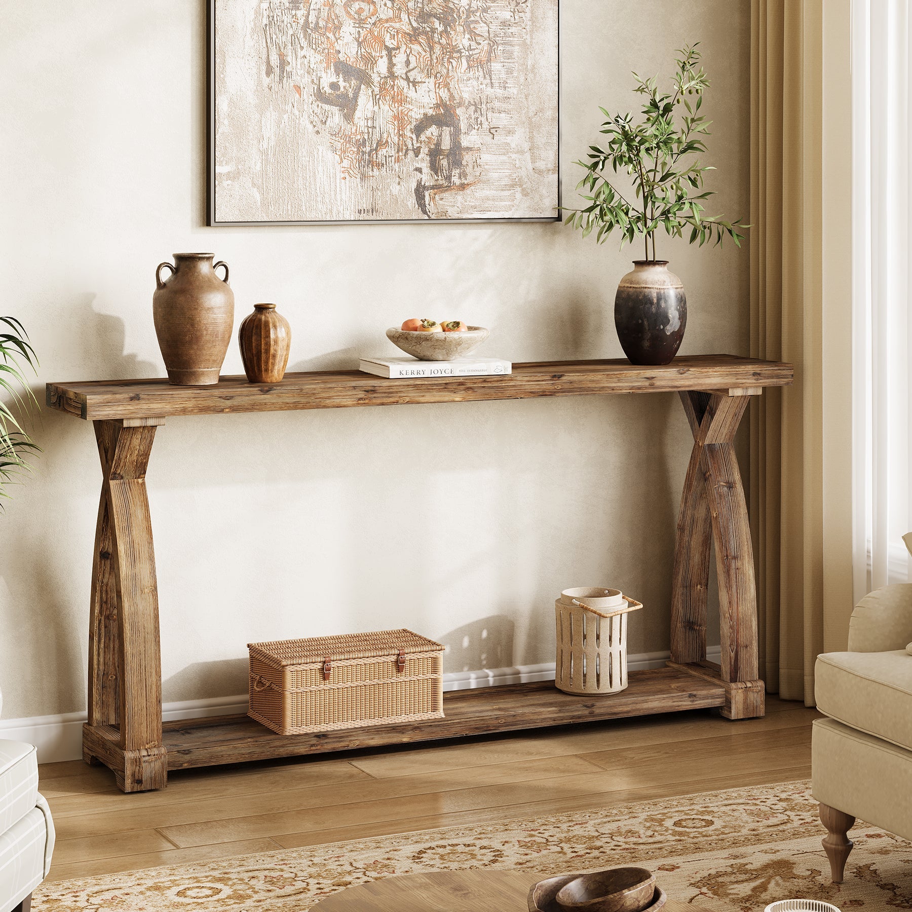 63" Solid Wood Console Table, Narrow Sofa Entryway Table with 2-Tier Storage