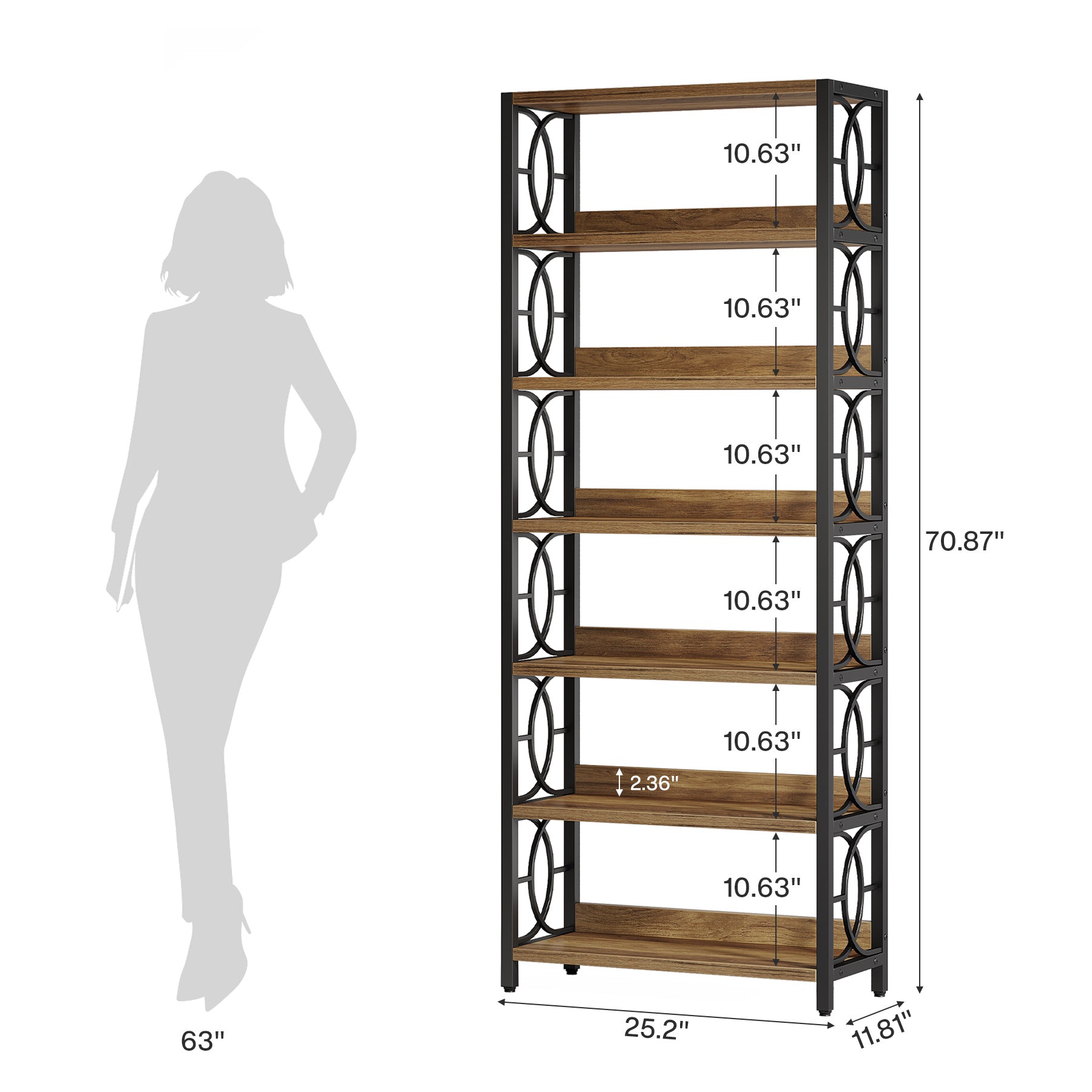 6 - Tier Bookshelf, 180cm Bookcase Industrial Freestanding Display Shelf Tribesigns